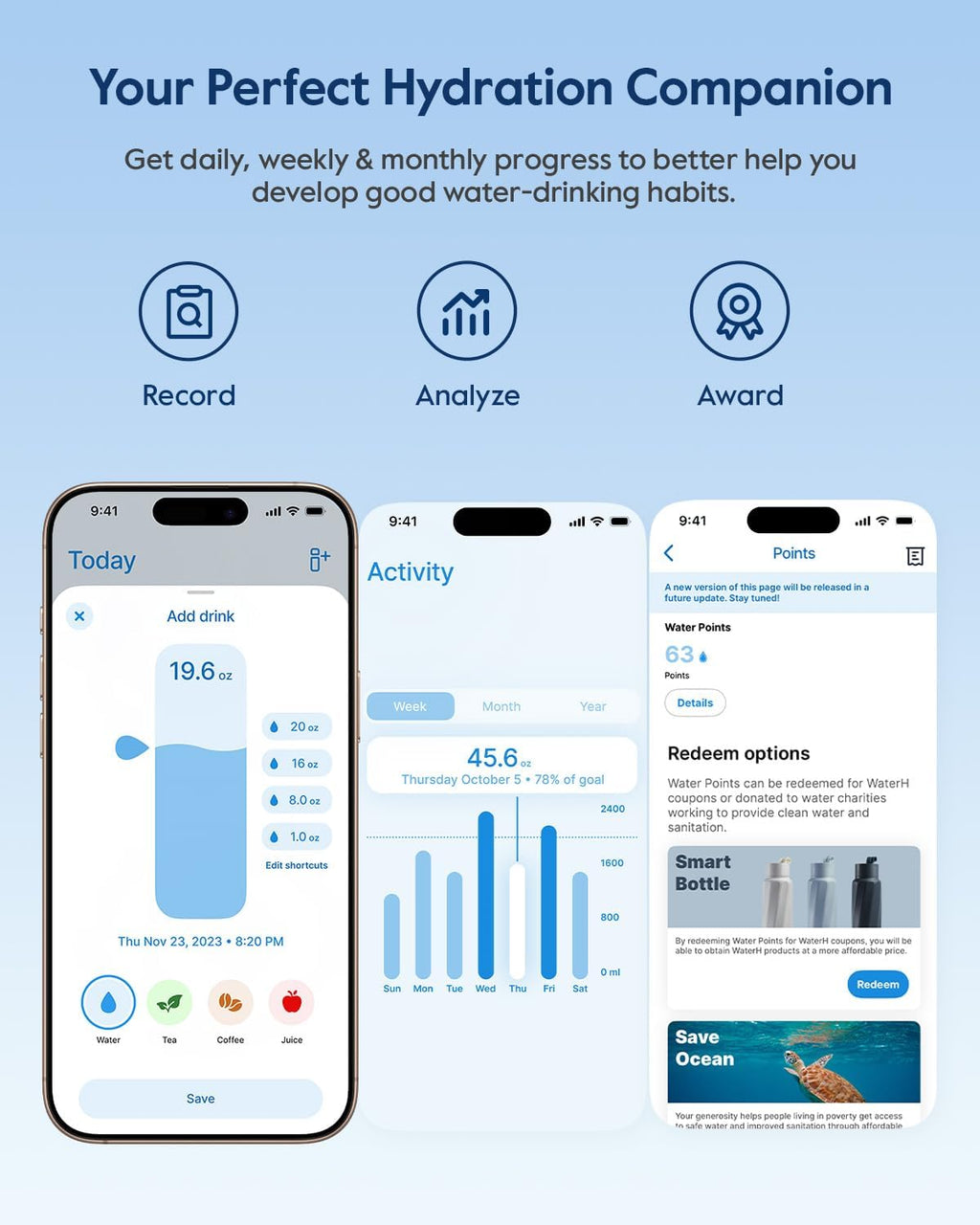 BOOST Smart Water Bottle with Reminder & Tracker, Double Wall Vacuum Insulated Bottles Stainless Steel, 32oz BPA-Free Wide Mouth for Gym, Office, School, Ideal Gift for Christmas, New Year