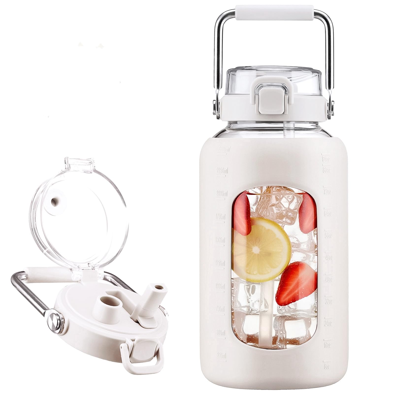 BLUEGO 84oz Glass Water Bottles with Sturdy Stainless Steel Handle, Large Water Bottle with Straw Sip & Chug Lid, 2.5L Water Jug Silicone Sleeve with Time, Daily Travel Sports, Olive