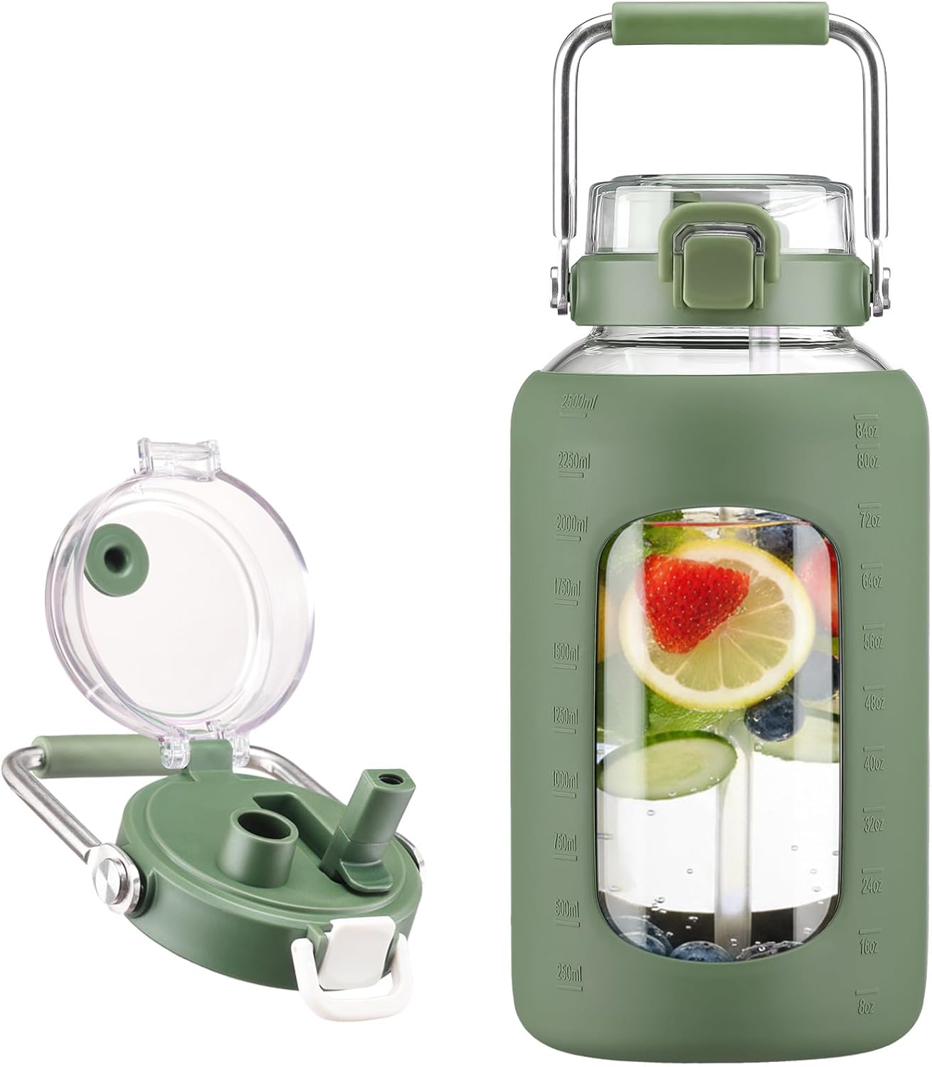 BLUEGO 84oz Glass Water Bottles with Sturdy Stainless Steel Handle, Large Water Bottle with Straw Sip & Chug Lid, 2.5L Water Jug Silicone Sleeve with Time, Daily Travel Sports, Olive