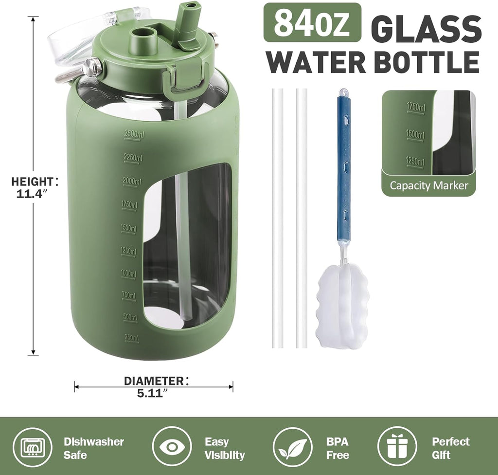 BLUEGO 84oz Glass Water Bottles with Sturdy Stainless Steel Handle, Large Water Bottle with Straw Sip & Chug Lid, 2.5L Water Jug Silicone Sleeve with Time, Daily Travel Sports, Olive