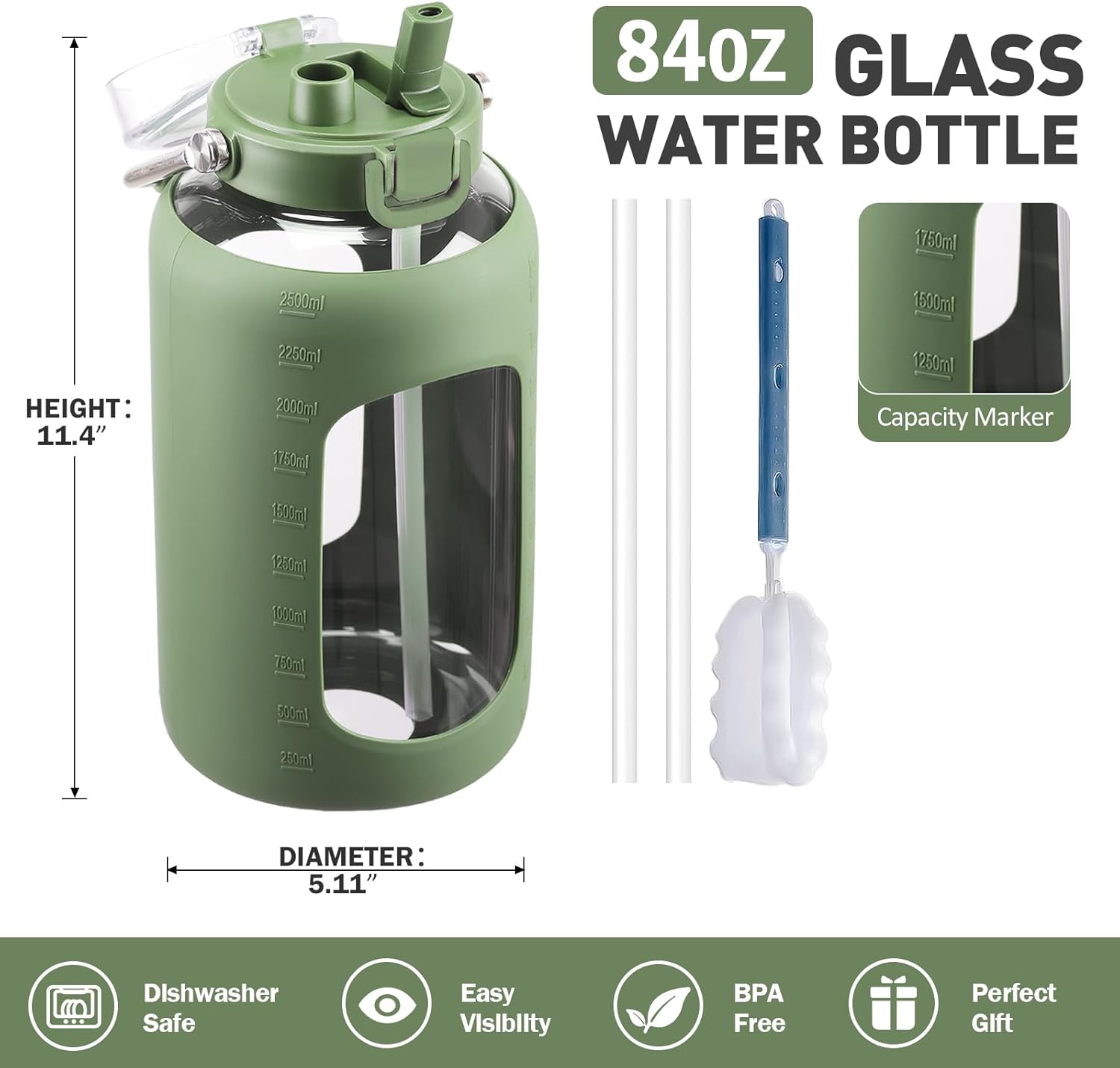 BLUEGO 84oz Glass Water Bottles with Sturdy Stainless Steel Handle, Large Water Bottle with Straw Sip & Chug Lid, 2.5L Water Jug Silicone Sleeve with Time, Daily Travel Sports, Olive
