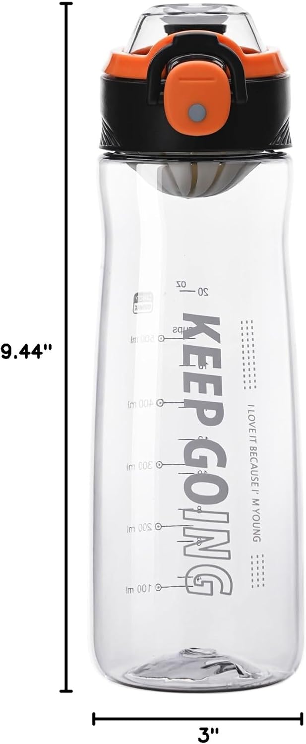 27OZ Reusable Plastic Water Bottle, Clear with Measurements, Sports Bottle for Running, Gym, Hiking, Black