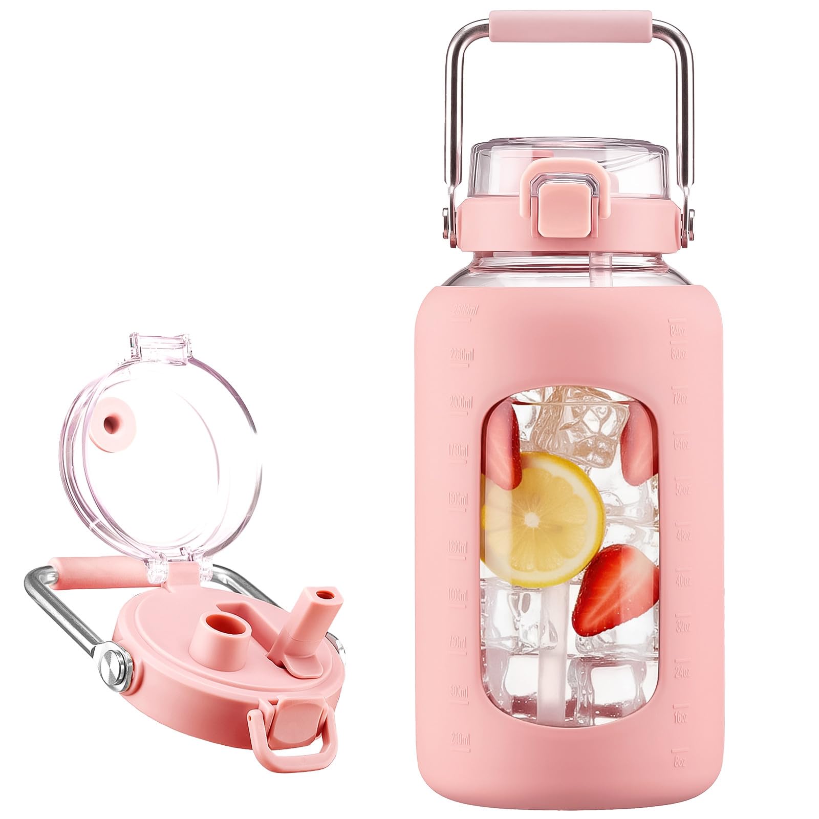 BLUEGO 84oz Glass Water Bottles with Sturdy Stainless Steel Handle, Large Water Bottle with Straw Sip & Chug Lid, 2.5L Water Jug Silicone Sleeve with Time, Daily Travel Sports, Olive