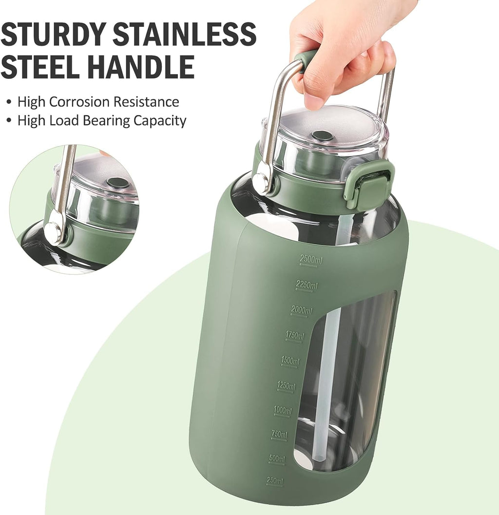 BLUEGO 84oz Glass Water Bottles with Sturdy Stainless Steel Handle, Large Water Bottle with Straw Sip & Chug Lid, 2.5L Water Jug Silicone Sleeve with Time, Daily Travel Sports, Olive