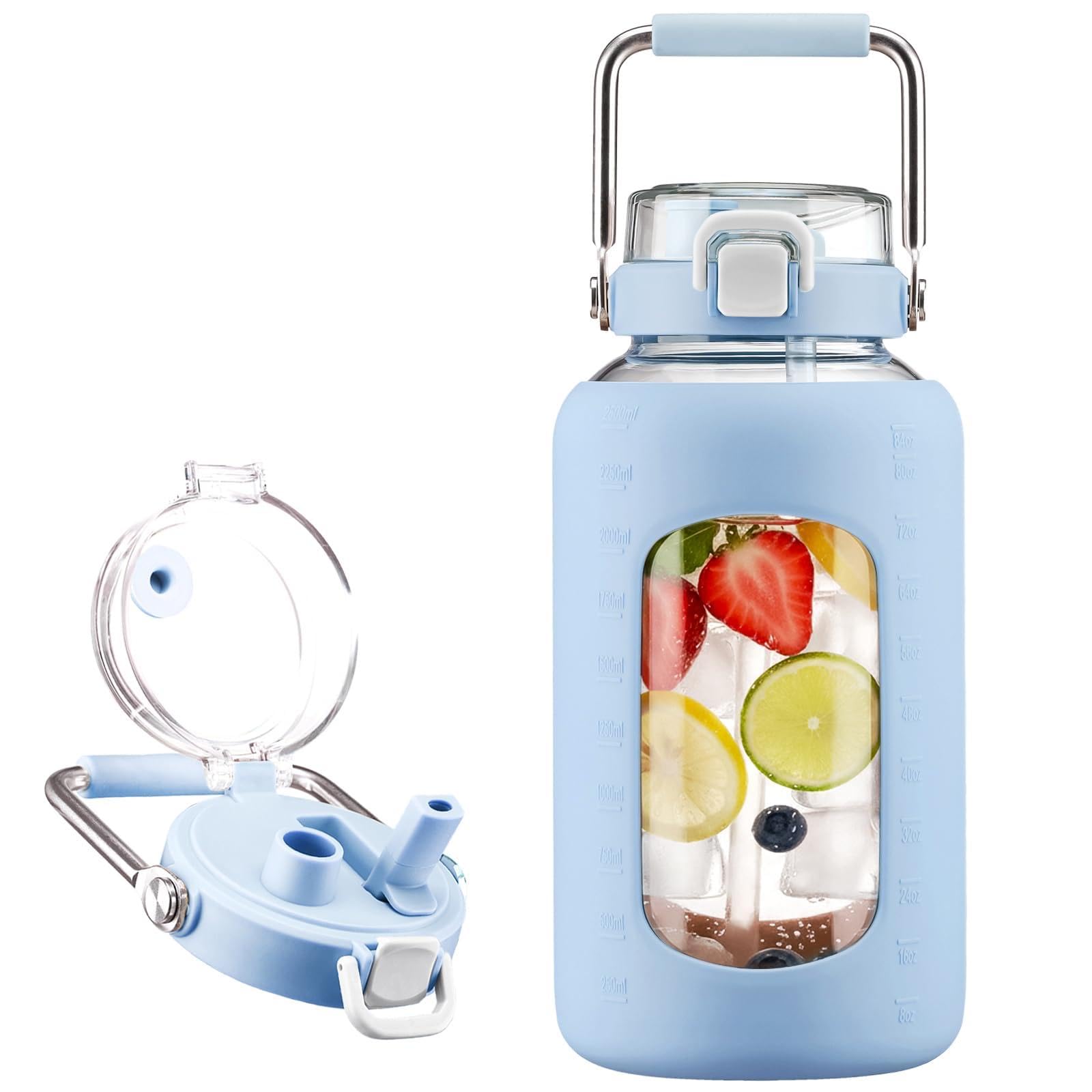 BLUEGO 84oz Glass Water Bottles with Sturdy Stainless Steel Handle, Large Water Bottle with Straw Sip & Chug Lid, 2.5L Water Jug Silicone Sleeve with Time, Daily Travel Sports, Olive