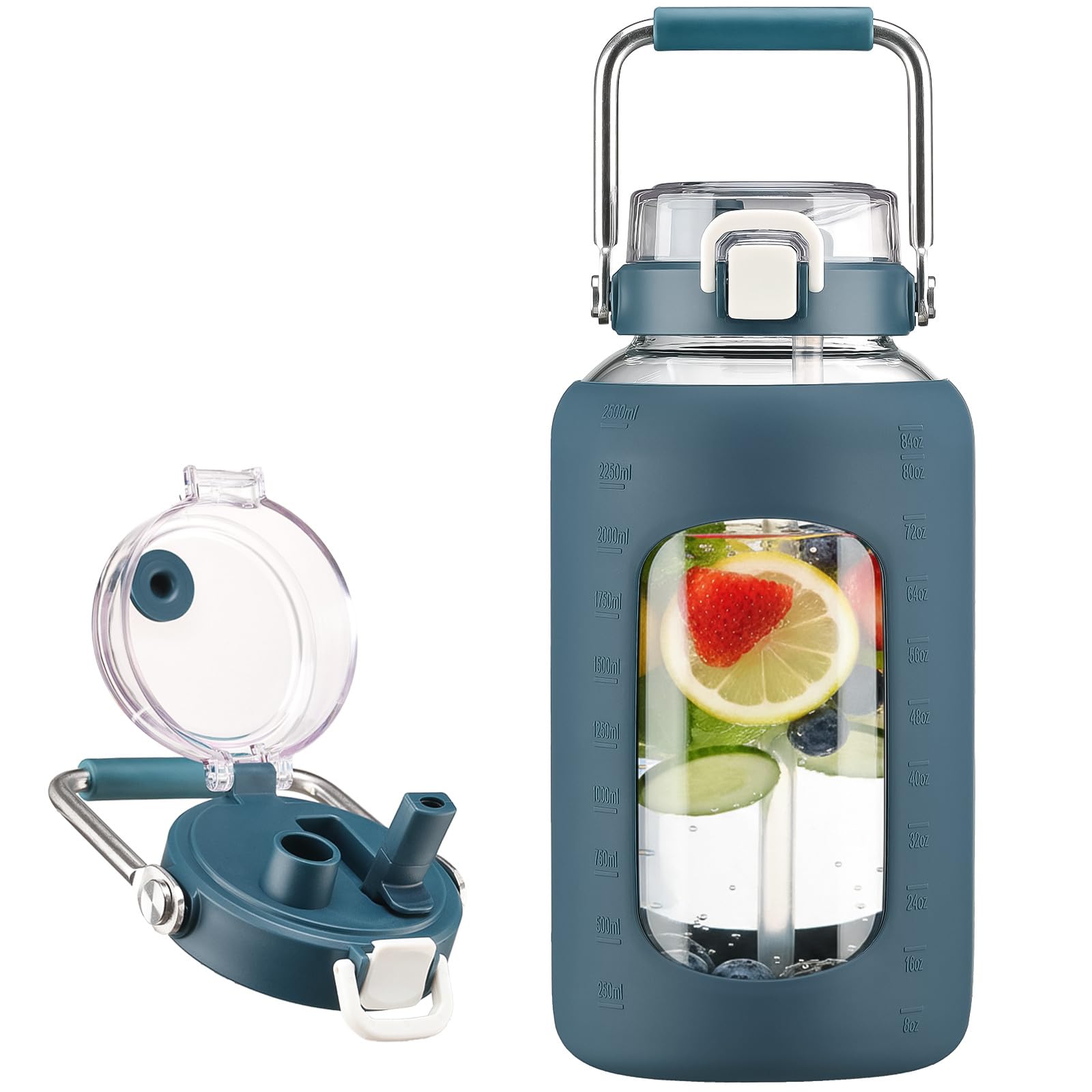 BLUEGO 84oz Glass Water Bottles with Sturdy Stainless Steel Handle, Large Water Bottle with Straw Sip & Chug Lid, 2.5L Water Jug Silicone Sleeve with Time, Daily Travel Sports, Olive