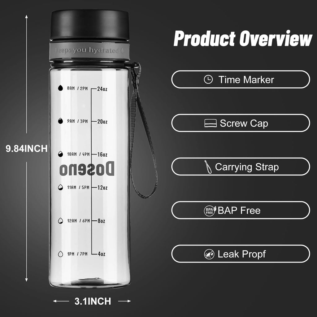 Reusable Water Bottle, 28OZ Clear Water Bottle with Time Marker, Plastic Water Bottles with Strap, Gym Water Bottles for Men, Black