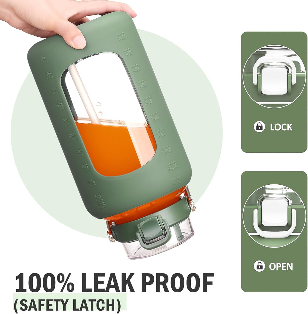 BLUEGO 84oz Glass Water Bottles with Sturdy Stainless Steel Handle, Large Water Bottle with Straw Sip & Chug Lid, 2.5L Water Jug Silicone Sleeve with Time, Daily Travel Sports, Olive