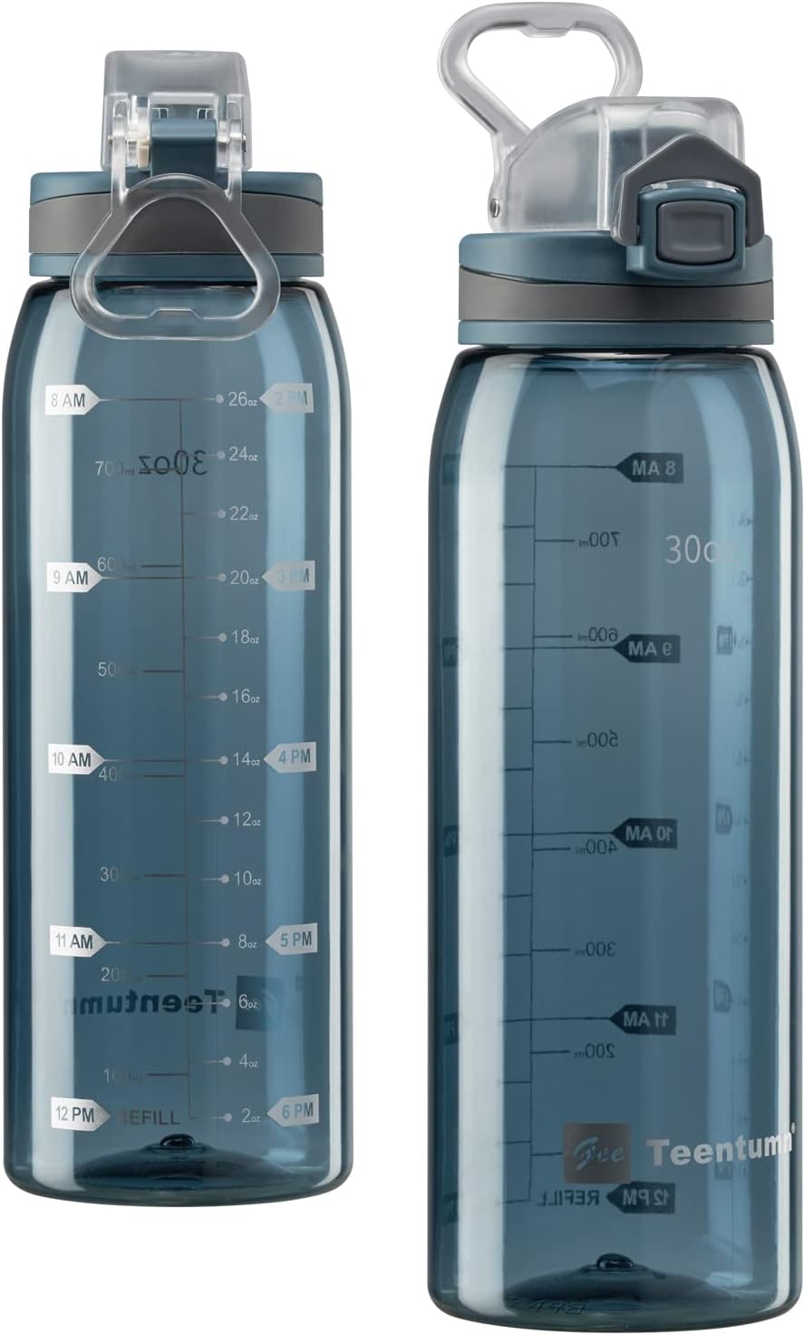 Time Marker Water Bottle Gym, 30oz Large Durable Transparent Bottle for Workout Sport Travel Water Tracker Blue (Pack of 1)