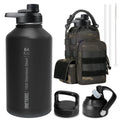 ONETIGRIS Tactical Half Gallon Water Bottle with Straw - 64 oz Vacuum Insulated Stainless Steel Water Jug, Leakproof Sport Bottle with 3 BPA Free Lids, Paracord Handle & MOLLE Water Pouch for Outdoor