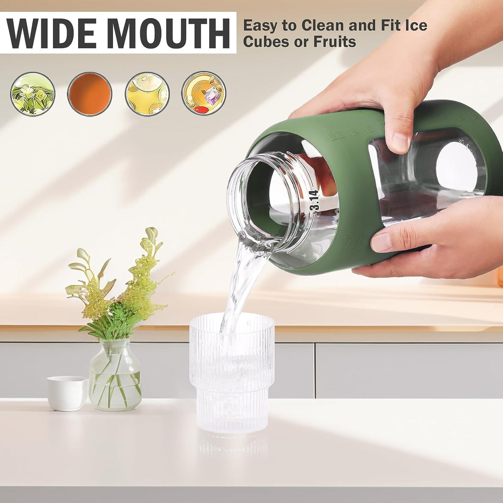 BLUEGO 84oz Glass Water Bottles with Sturdy Stainless Steel Handle, Large Water Bottle with Straw Sip & Chug Lid, 2.5L Water Jug Silicone Sleeve with Time, Daily Travel Sports, Olive