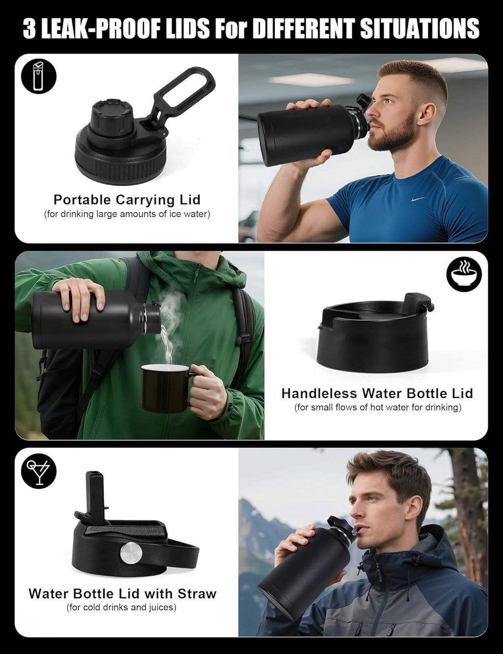 Tactical Half Gallon Water Bottle with Straw, 64 Oz Insulated Water Jug with Molle Water Bottle Holder, Stainless Steel Sport Bottle with 3 BPA Free Lids for Gym Workout Hiking (Black)