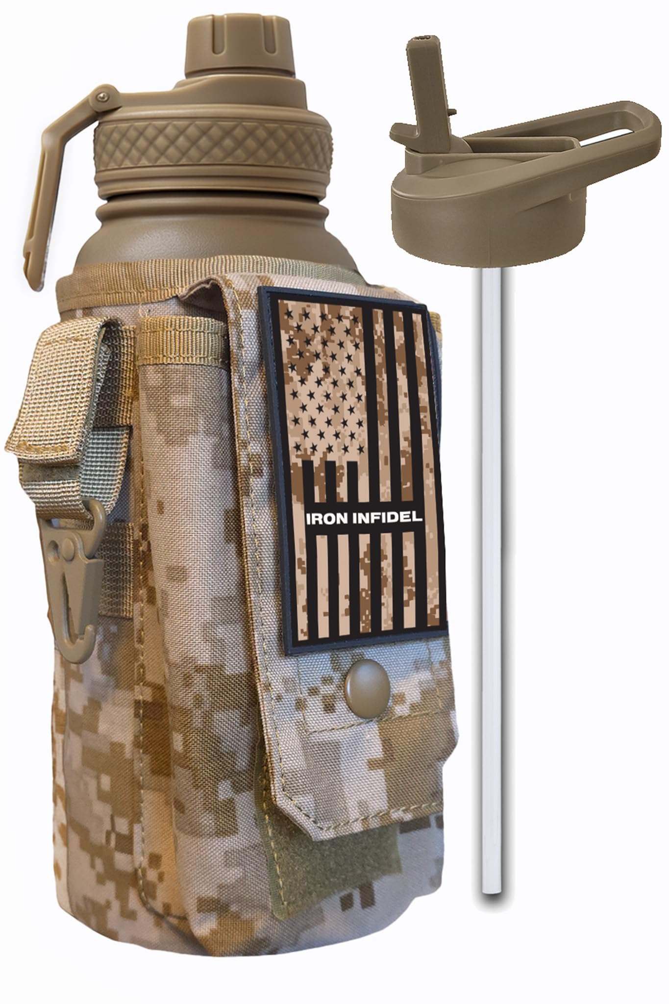Iron Infidel Battle Bottle - One Gallon Insulated Water Bottle with Dual Carry Handles - 128 oz Tactical Stainless Steel Water Jug & Rugged Extra Large Sleeve with Storage (Black Camo 128 Ounces)