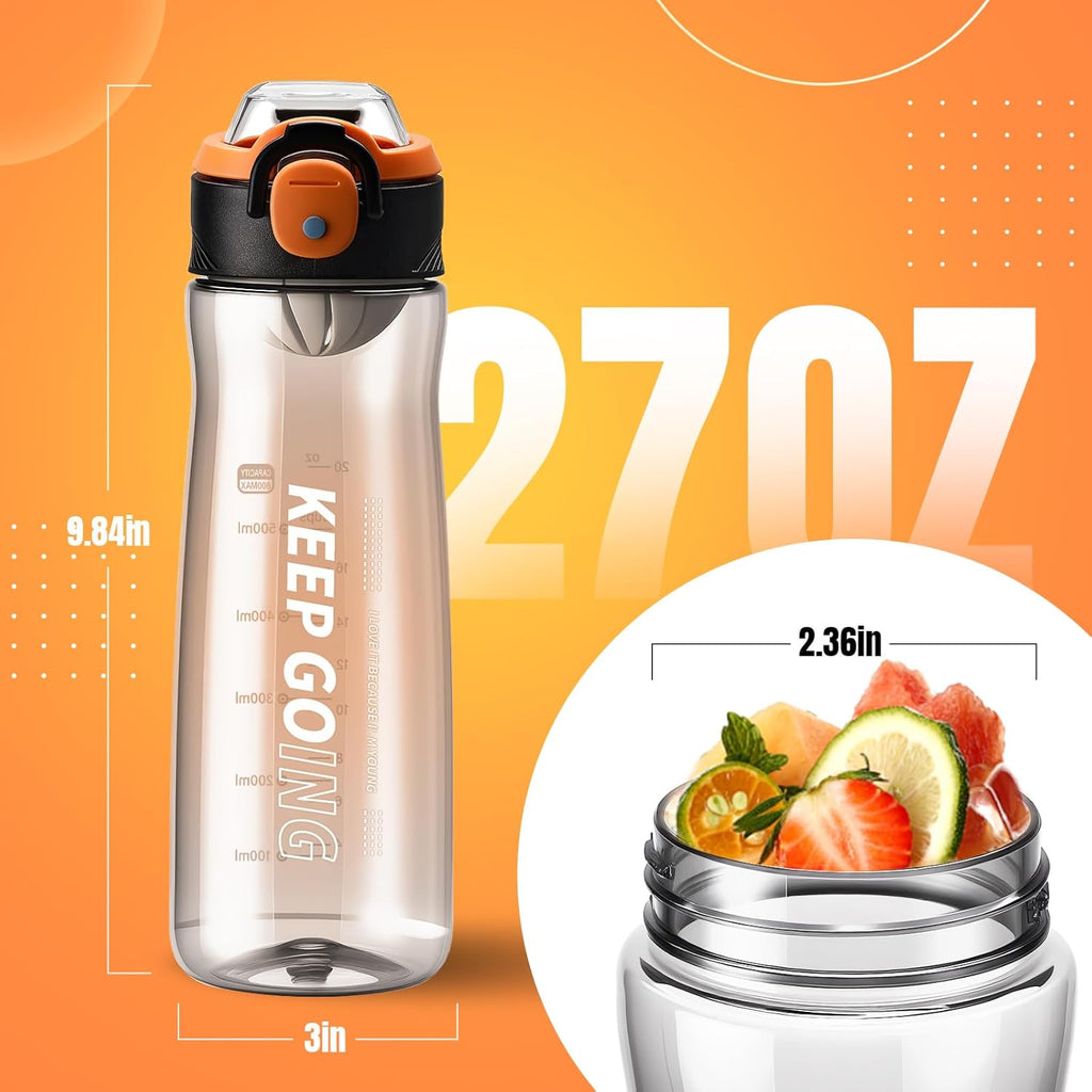 Sports Water Bottle, 27OZ Plastic Reusable Water Bottles with Measurements, Leakproof Mens Water Bottles Black for Gym, Travel, Home, Office