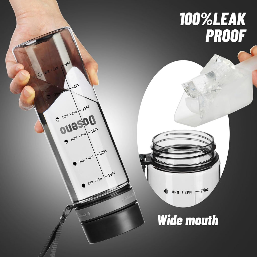 Reusable Water Bottle, 28OZ Clear Water Bottle with Time Marker, Plastic Water Bottles with Strap, Gym Water Bottles for Men, Black