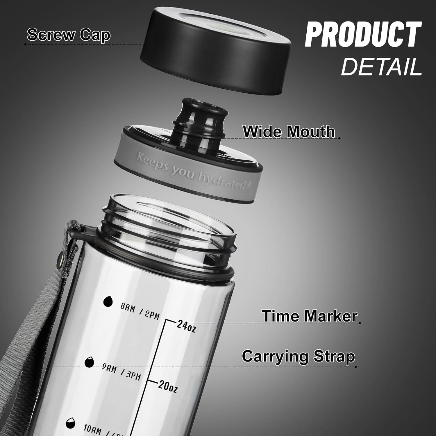 Reusable Water Bottle, 28OZ Clear Water Bottle with Time Marker, Plastic Water Bottles with Strap, Gym Water Bottles for Men, Black