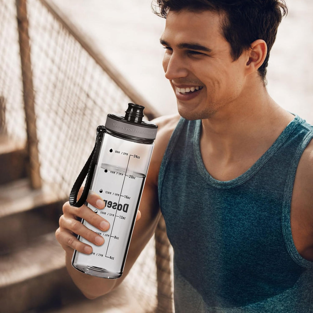 Reusable Water Bottle, 28OZ Clear Water Bottle with Time Marker, Plastic Water Bottles with Strap, Gym Water Bottles for Men, Black