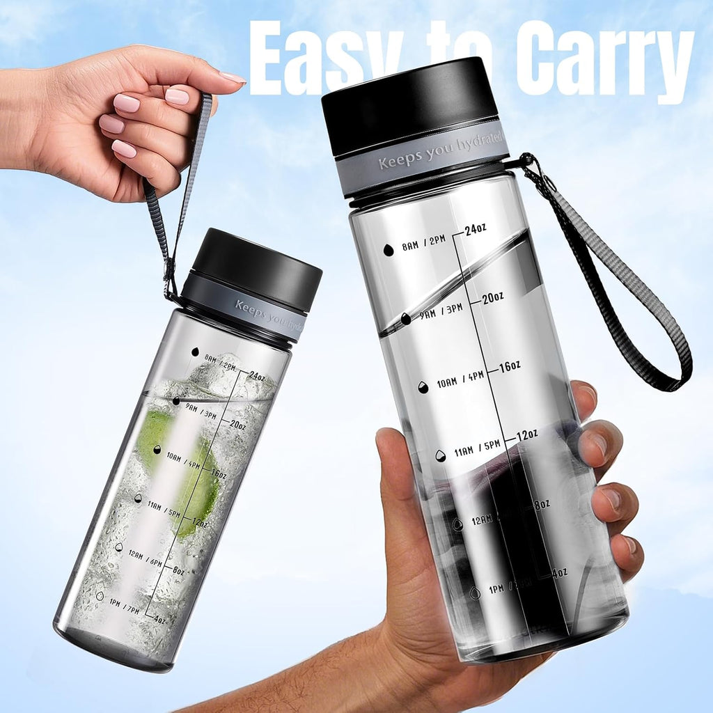 Plastic Water Bottles, 28oz Clear Water Bottle with Measurements, Wide Mouth Water Bottle with Strap, Gym Water Bottles for Men (Grey)