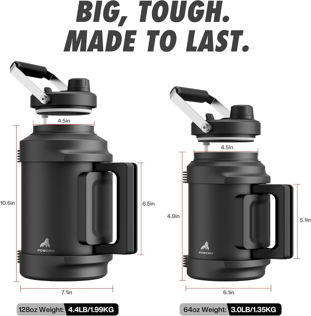 1 Gallon Insulated Water Bottle for Travel: 2-in-1 Straw Spout Lid, Dual Handle, Leakproof, Keep Cold 48H, 128oz Stainless Steel Water Jug for Gym, Biking, Road Trip, Work, Home, Picnic (Midnight)