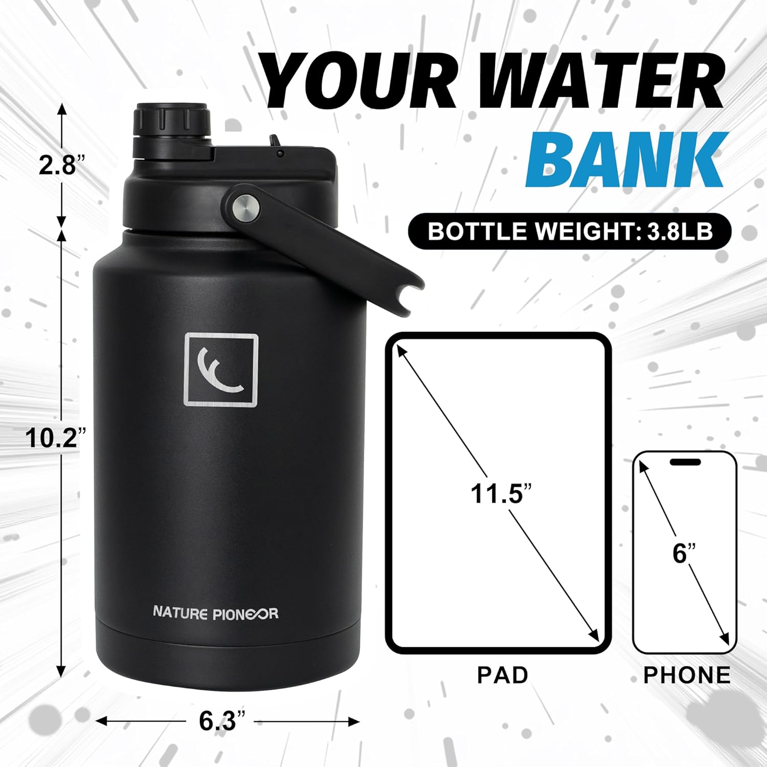 NATURE PIONEOR 1 Gallon Insulated Water Bottle - Double Vacuum Stainless Steel 128 oz Water Bottle with Holder/Carrier, Wide Mouth 1 gallon Water Jug for Outdoor Sports, Hiking, Camping, Gym