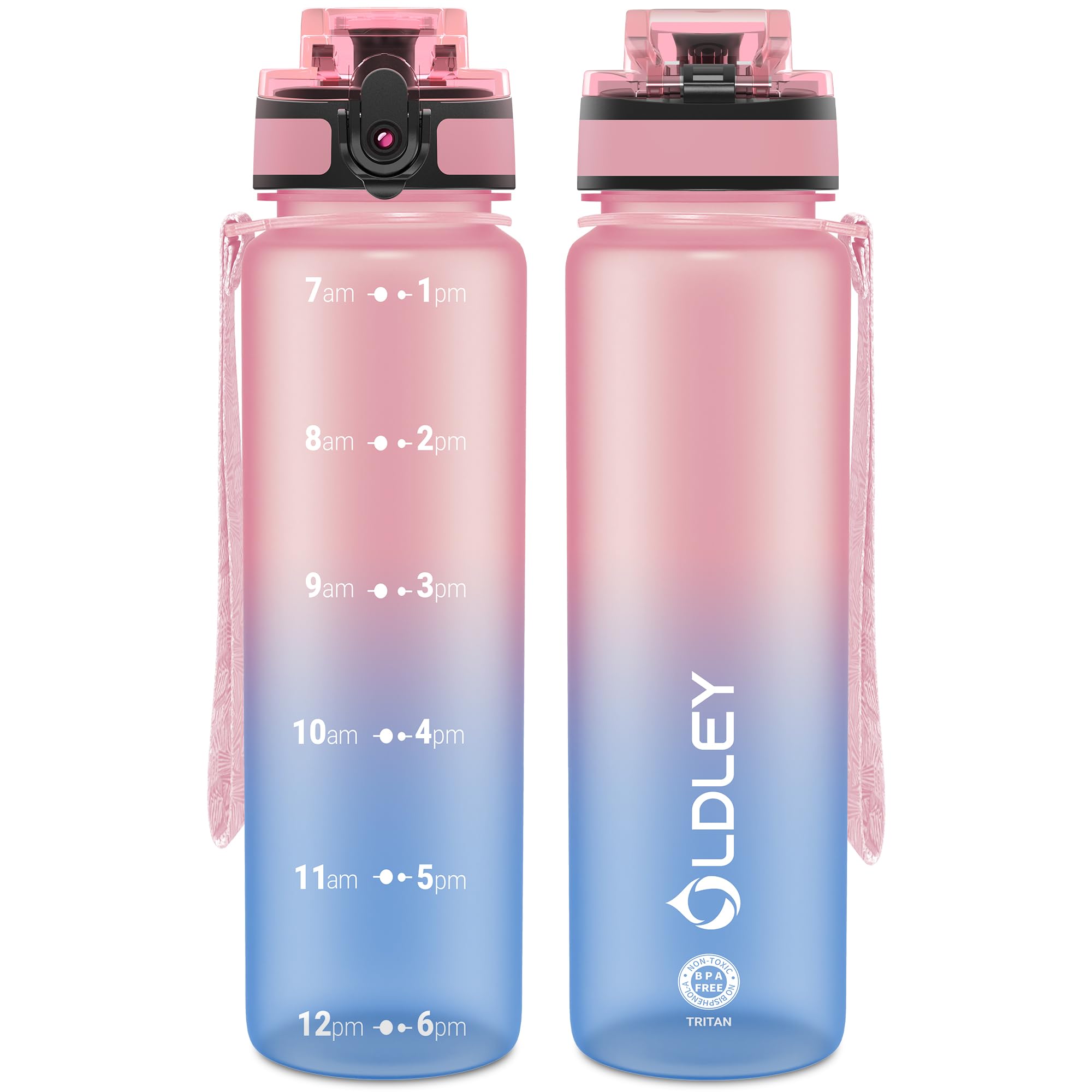 OLDLEY 32 oz Water Bottle, Motivational Water Bottle with Time Marker, Sports Water Bottle With Strap, Leakproof & BPA Free Large Water Bottles for School, Gym, Travel, Outdoor, Tritan, Transparent