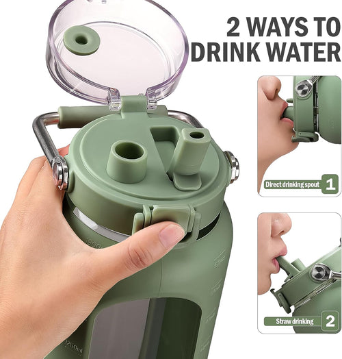 BLUEGO 84oz Glass Water Bottles with Sturdy Stainless Steel Handle, Large Water Bottle with Straw Sip & Chug Lid, 2.5L Water Jug Silicone Sleeve with Time, Daily Travel Sports, Olive