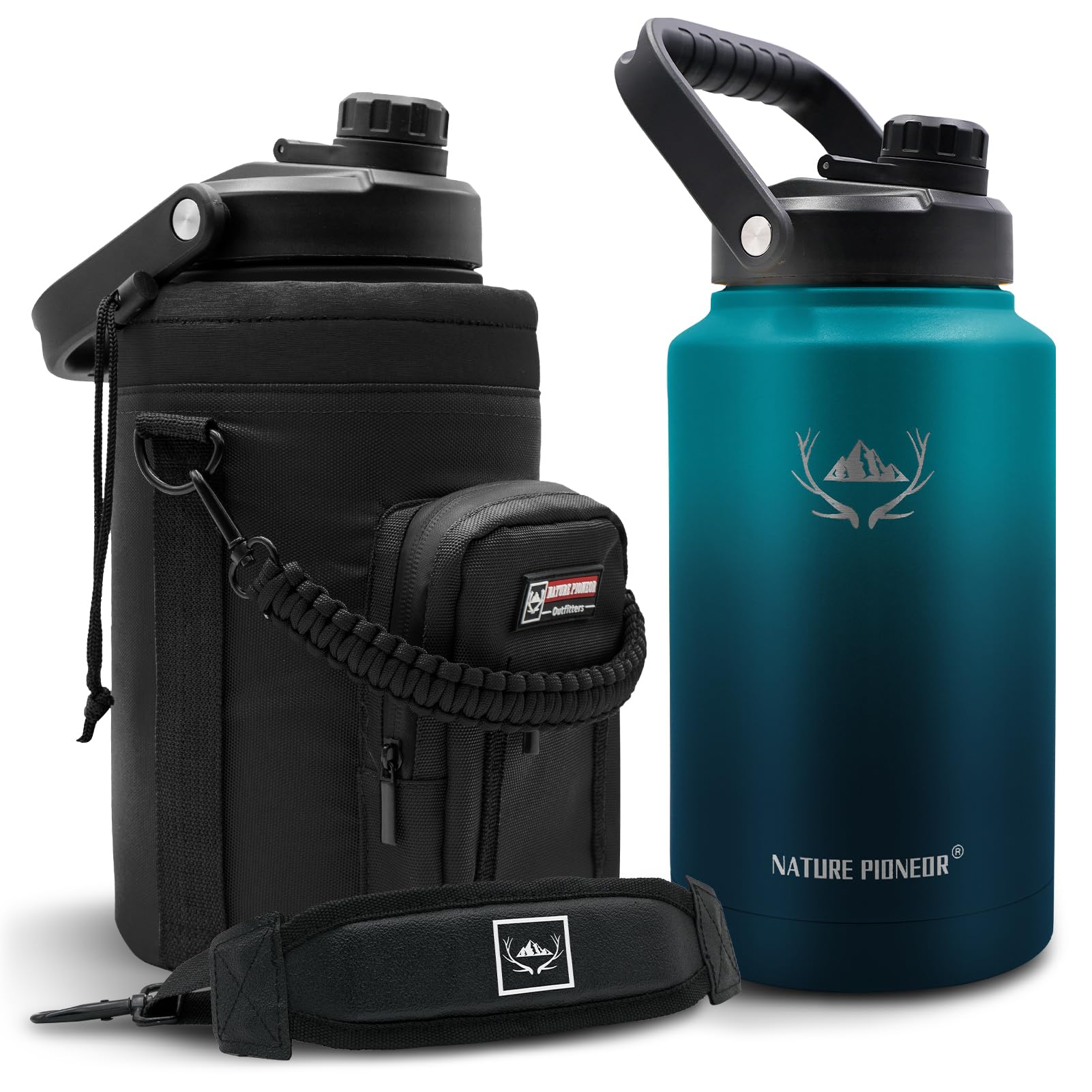 NATURE PIONEOR 1 Gallon Insulated Water Bottle - Double Vacuum Stainless Steel 128 oz Water Bottle with Holder/Carrier, Wide Mouth 1 gallon Water Jug for Outdoor Sports, Hiking, Camping, Gym