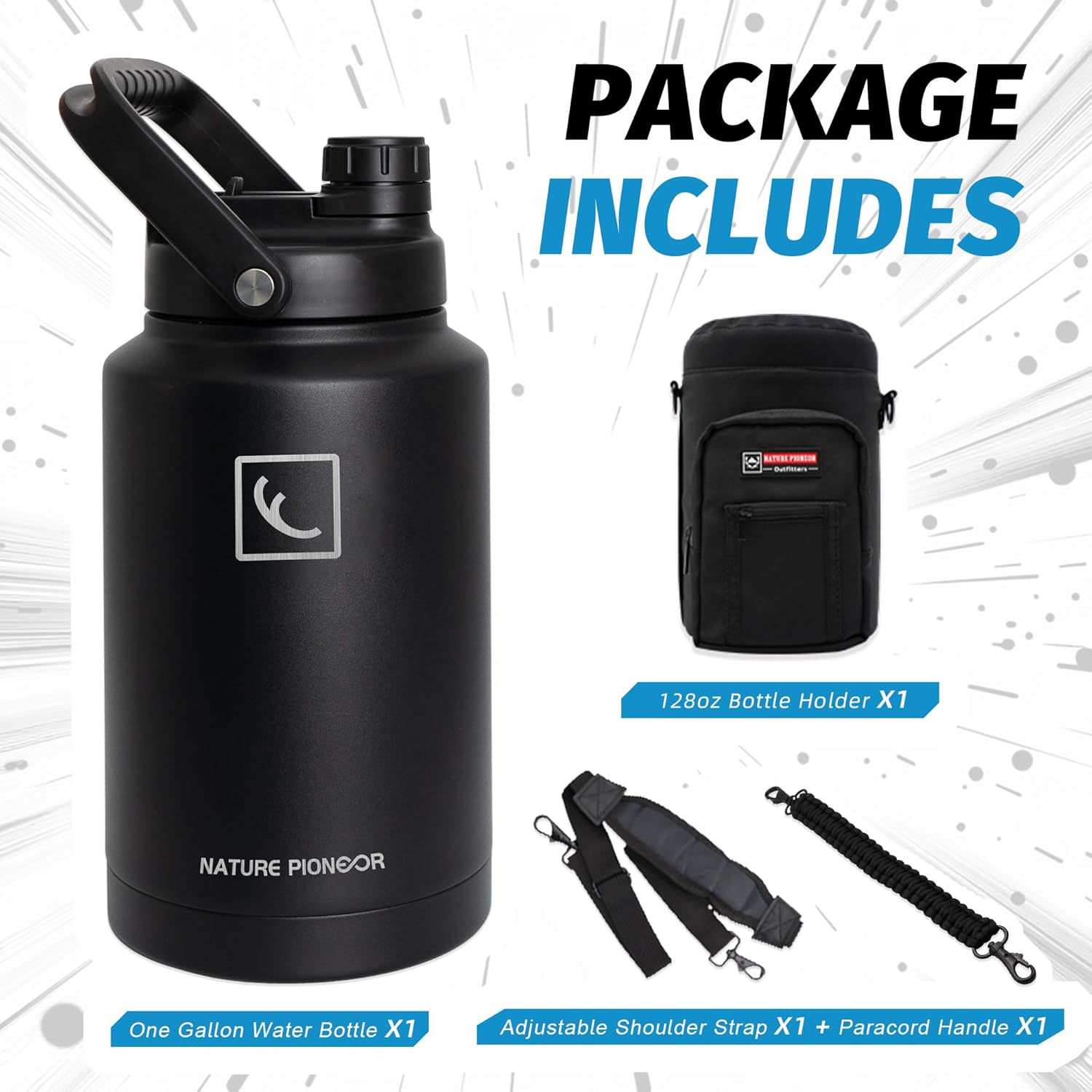NATURE PIONEOR 1 Gallon Insulated Water Bottle - Double Vacuum Stainless Steel 128 oz Water Bottle with Holder/Carrier, Wide Mouth 1 gallon Water Jug for Outdoor Sports, Hiking, Camping, Gym