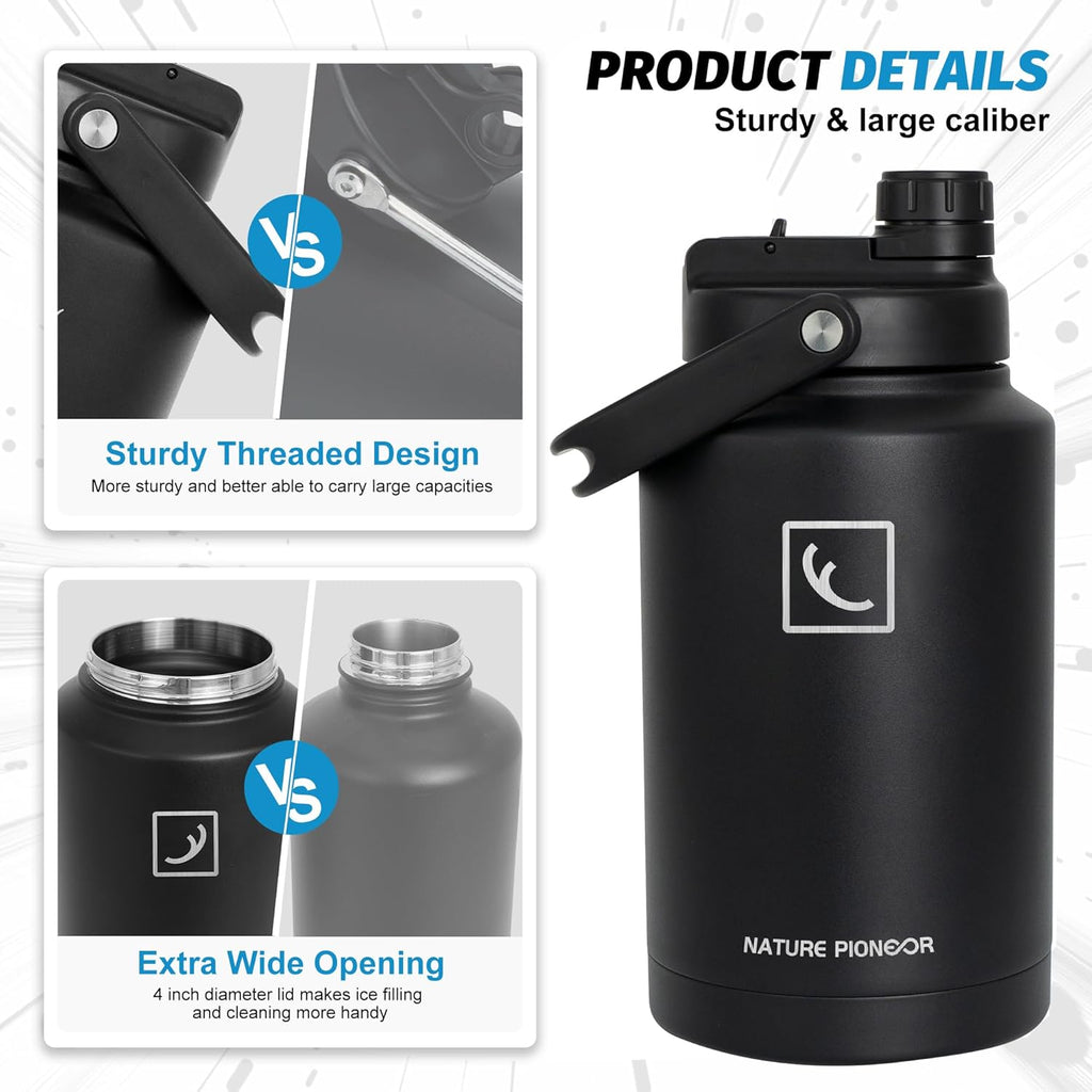 NATURE PIONEOR 1 Gallon Insulated Water Bottle - Double Vacuum Stainless Steel 128 oz Water Bottle with Holder/Carrier, Wide Mouth 1 gallon Water Jug for Outdoor Sports, Hiking, Camping, Gym