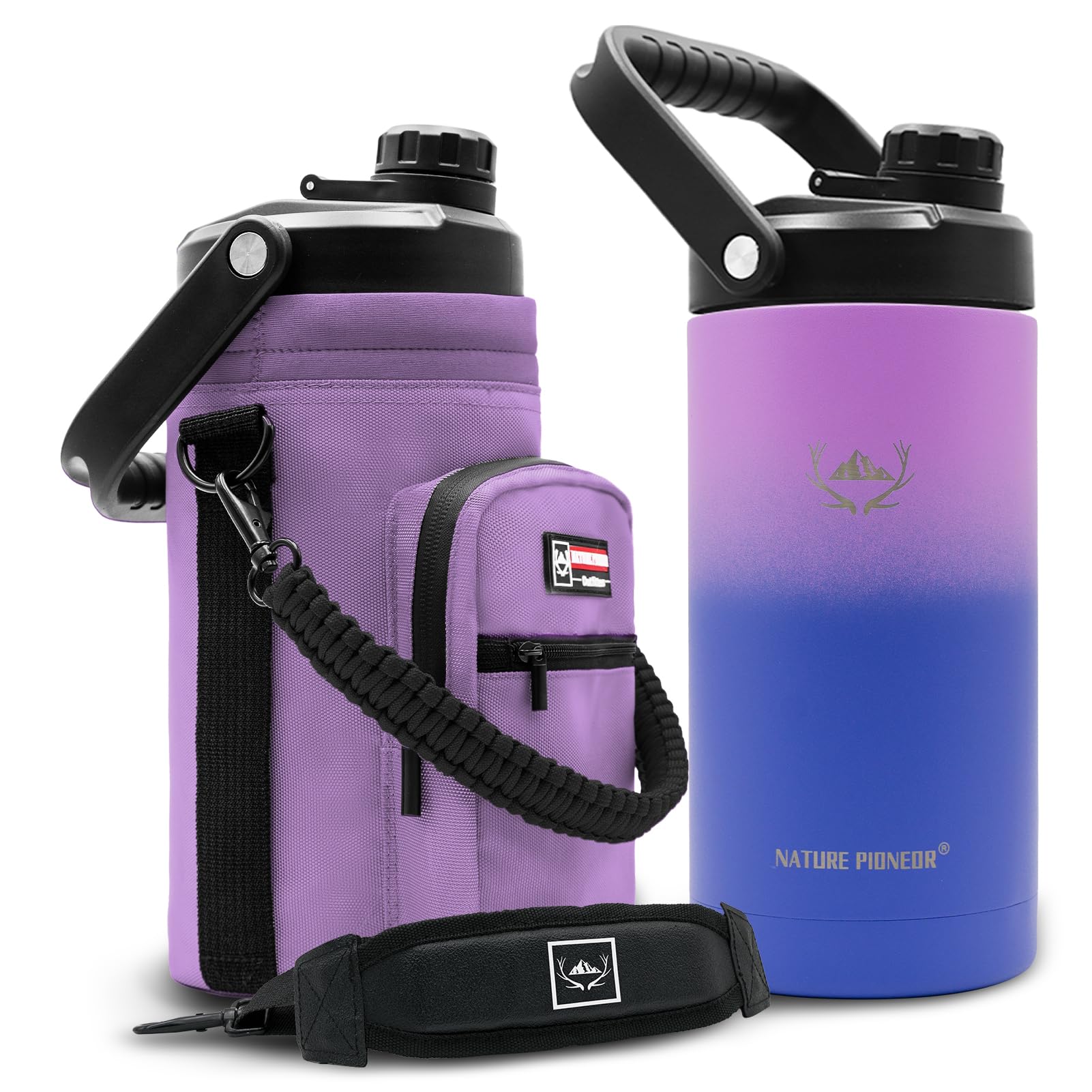 NATURE PIONEOR 1 Gallon Insulated Water Bottle - Double Vacuum Stainless Steel 128 oz Water Bottle with Holder/Carrier, Wide Mouth 1 gallon Water Jug for Outdoor Sports, Hiking, Camping, Gym