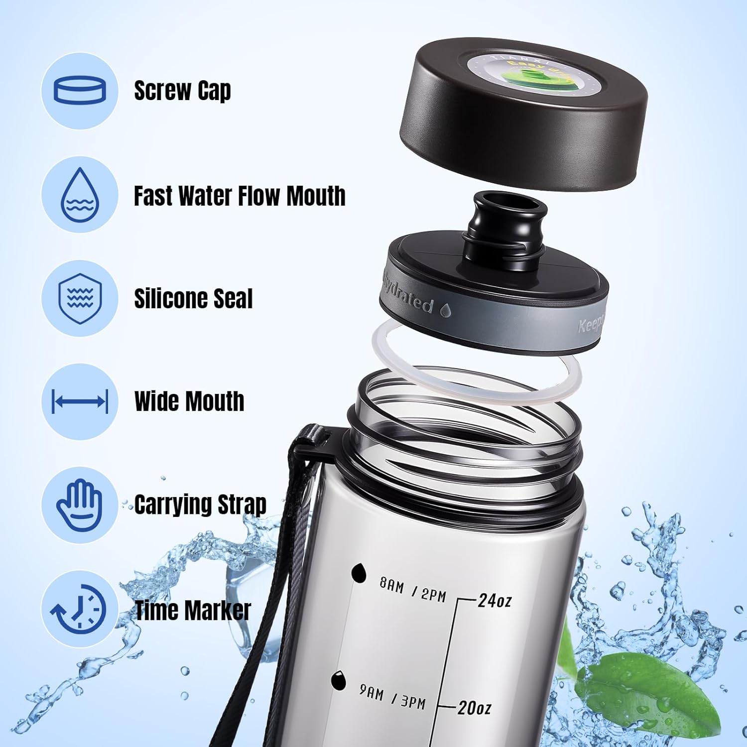 Plastic Water Bottles, 28oz Clear Water Bottle with Measurements, Wide Mouth Water Bottle with Strap, Gym Water Bottles for Men (Grey)