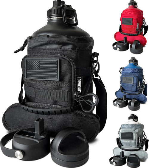 1 Gallon Water Bottle - 128 Oz Insulated Stainless Steel Metal Water Bottle with Holder - Carrying Bag - Spout Handle - Straw Lids - Keep Cold & Hot - Black Tactical Flask