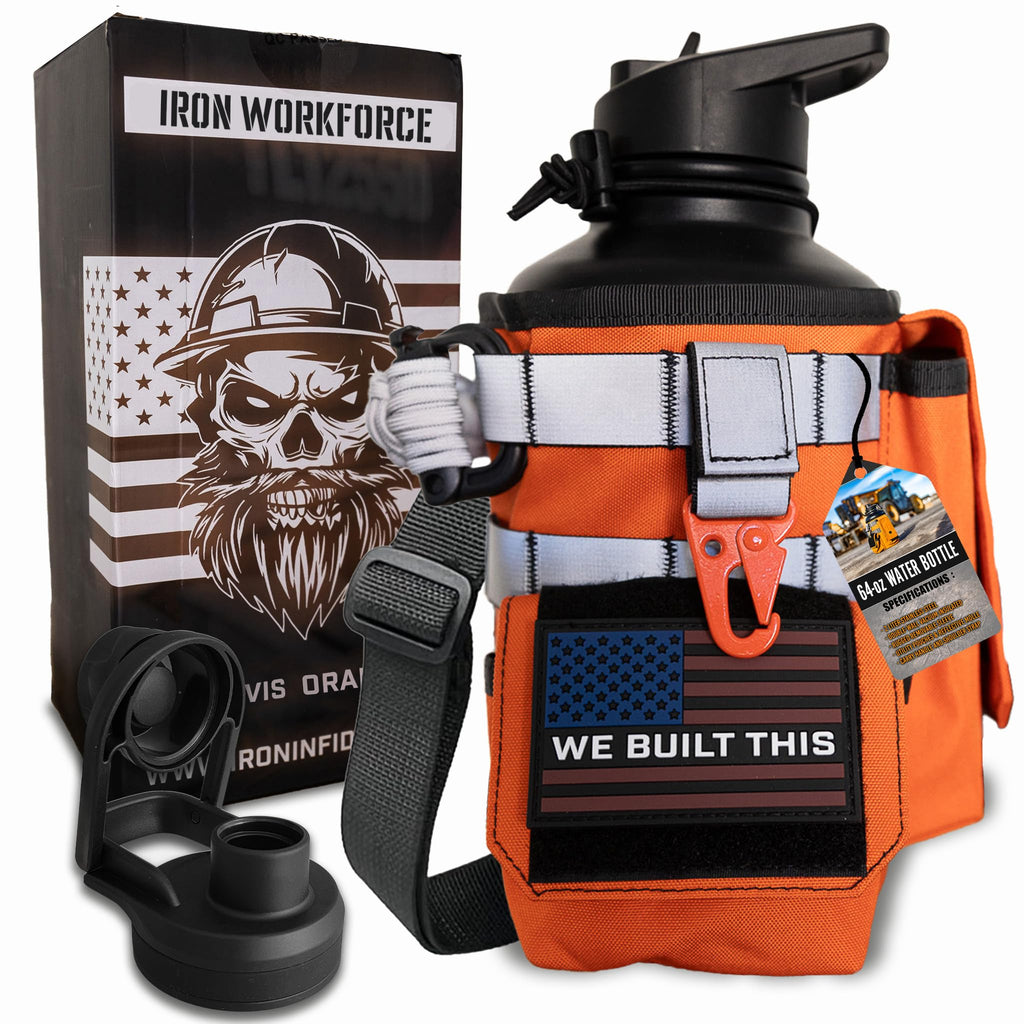 Iron Infidel Workforce Water Bottle - 64 oz Insulated Stainless Steel | Half Gallon Vacuum Water Jug | Paracord Handle, Removable Sleeve | Large Thermal Flask | Hiking, Camping, Workouts (Black)
