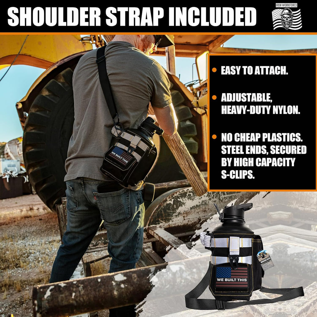 Iron Infidel Workforce Water Bottle - 64 oz Insulated Stainless Steel | Half Gallon Vacuum Water Jug | Paracord Handle, Removable Sleeve | Large Thermal Flask | Hiking, Camping, Workouts (Black)