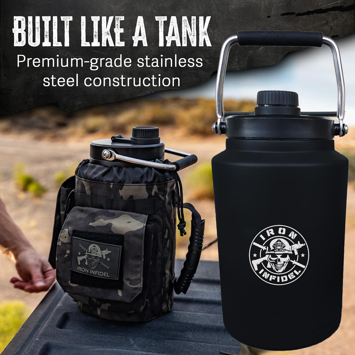 Iron Infidel Battle Bottle - One Gallon Insulated Water Bottle with Dual Carry Handles - 128 oz Tactical Stainless Steel Water Jug & Rugged Extra Large Sleeve with Storage (Black Camo 128 Ounces)