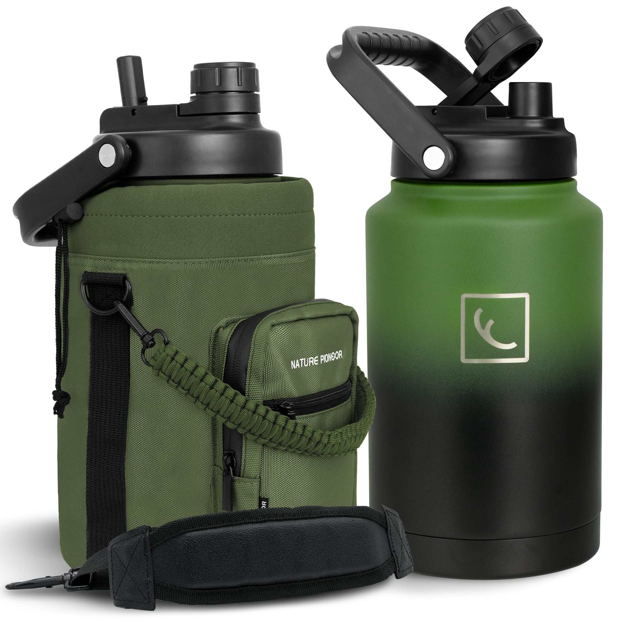 NATURE PIONEOR 1 Gallon Insulated Water Bottle - Double Vacuum Stainless Steel 128 oz Water Bottle with Holder/Carrier, Wide Mouth 1 gallon Water Jug for Outdoor Sports, Hiking, Camping, Gym