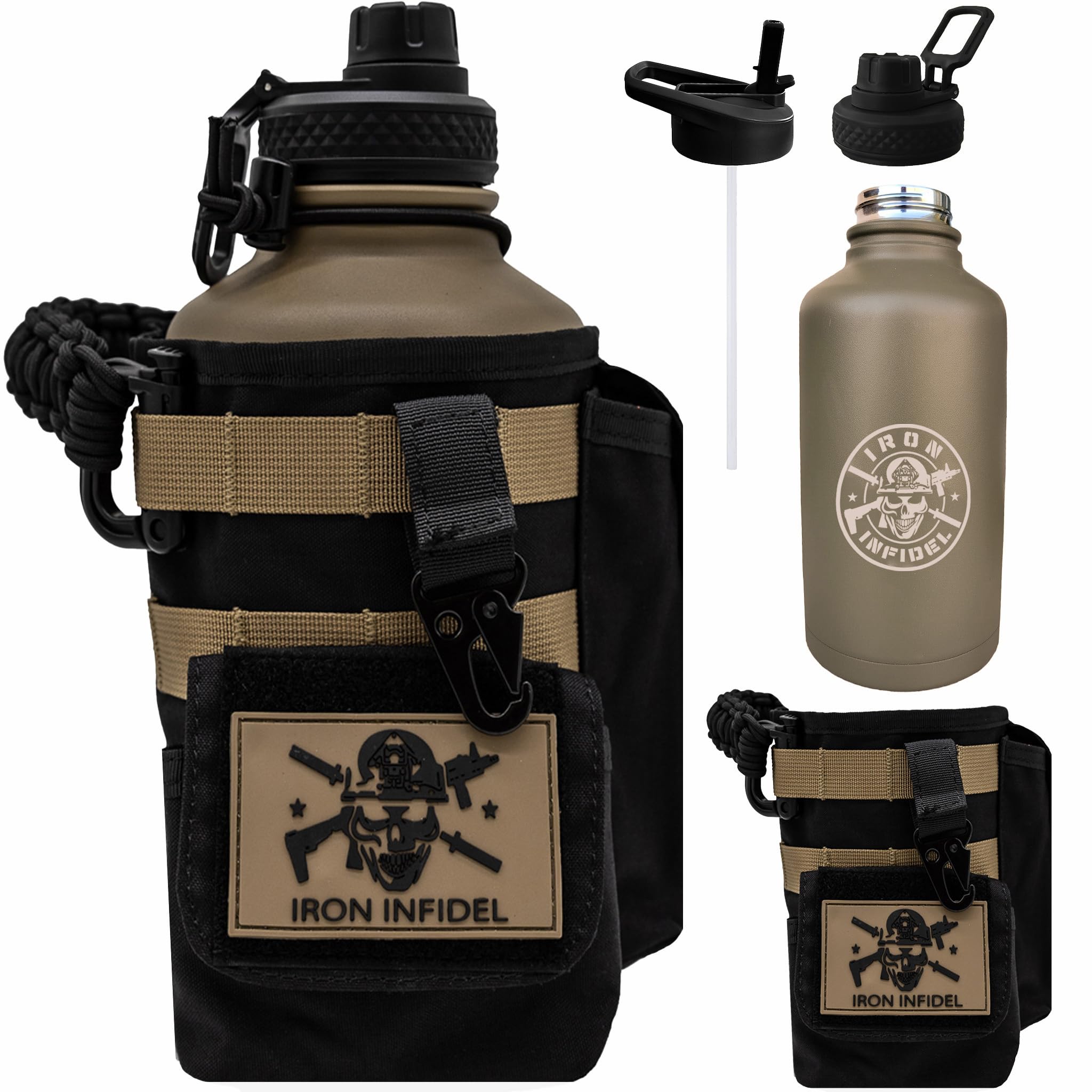 Iron Infidel Battle Bottle - One Gallon Insulated Water Bottle with Dual Carry Handles - 128 oz Tactical Stainless Steel Water Jug & Rugged Extra Large Sleeve with Storage (Black Camo 128 Ounces)