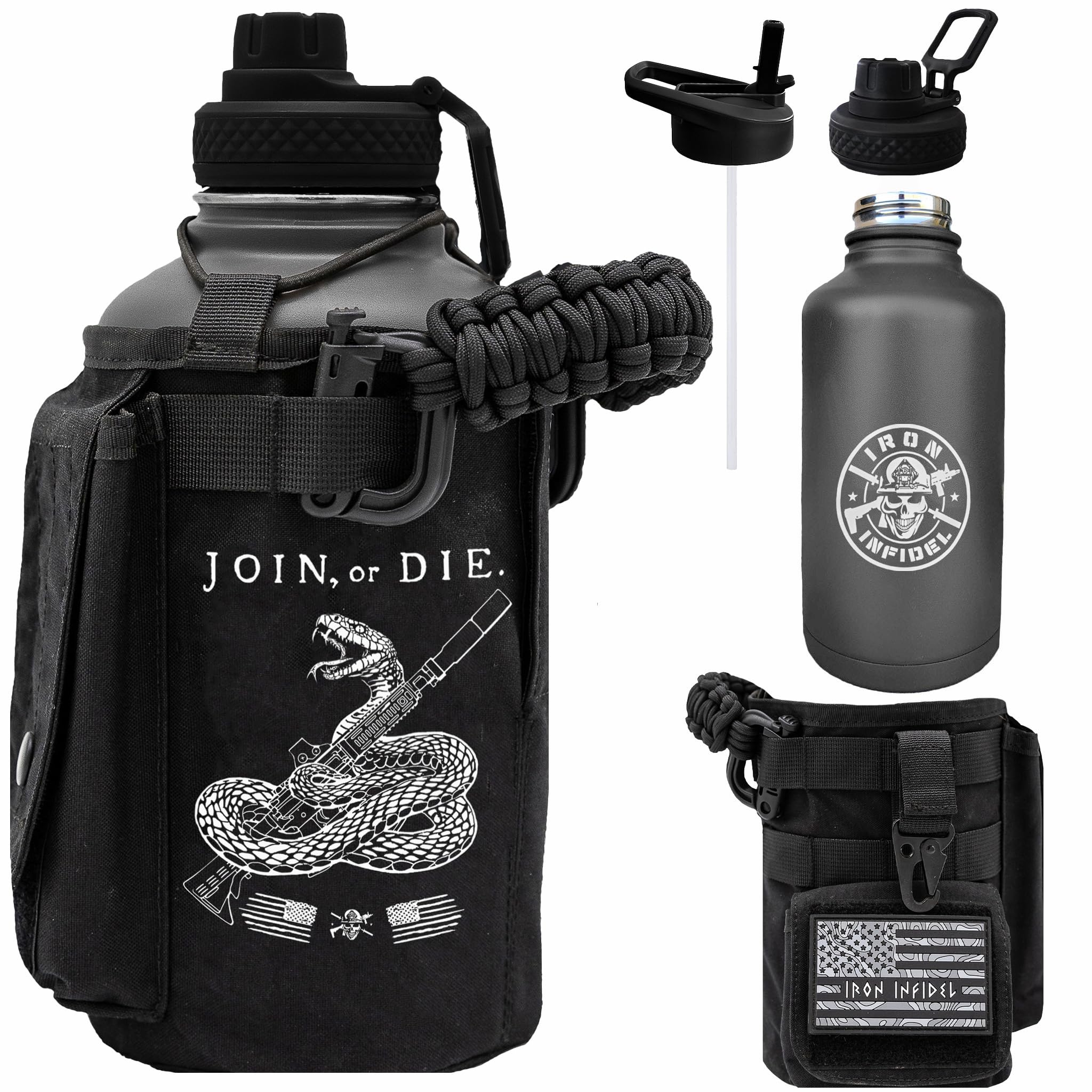 Iron Infidel Battle Bottle - One Gallon Insulated Water Bottle with Dual Carry Handles - 128 oz Tactical Stainless Steel Water Jug & Rugged Extra Large Sleeve with Storage (Black Camo 128 Ounces)
