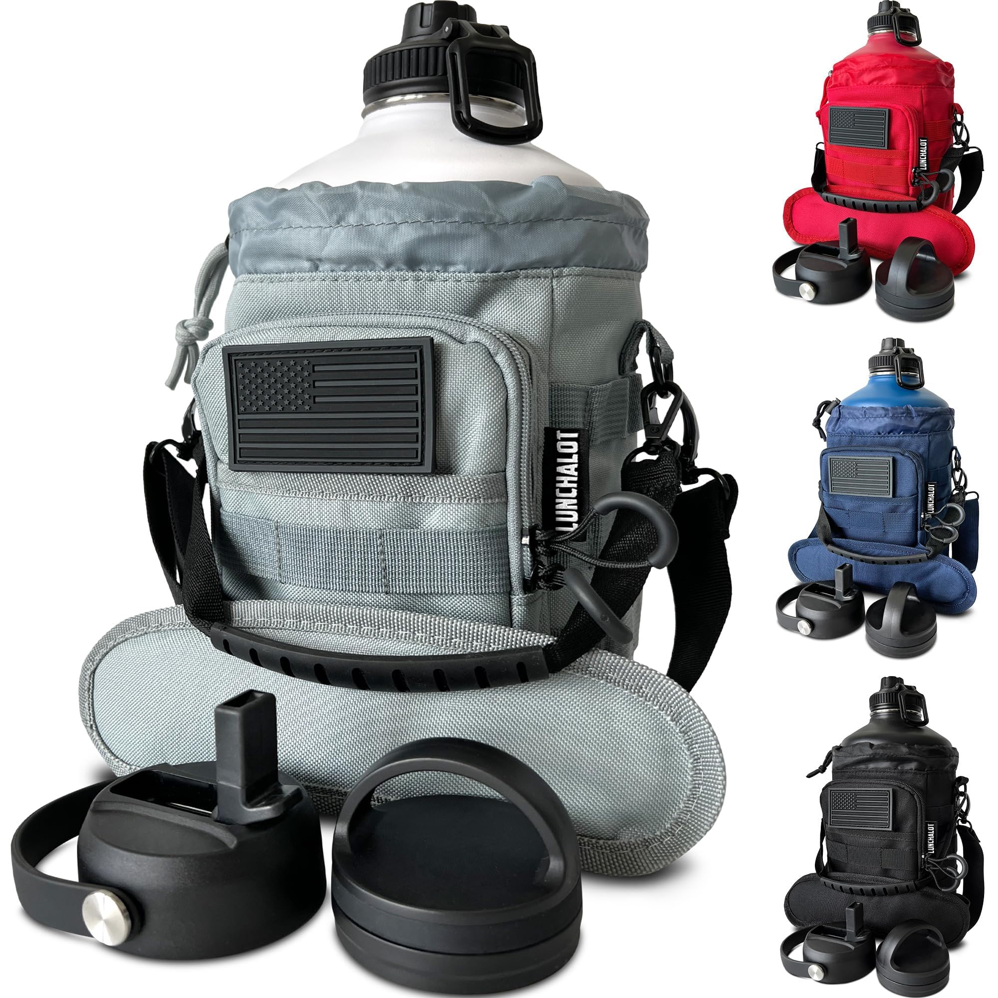 1 Gallon Water Bottle - 128 Oz Insulated Stainless Steel Metal Water Bottle with Holder - Carrying Bag - Spout Handle - Straw Lids - Keep Cold & Hot - Black Tactical Flask