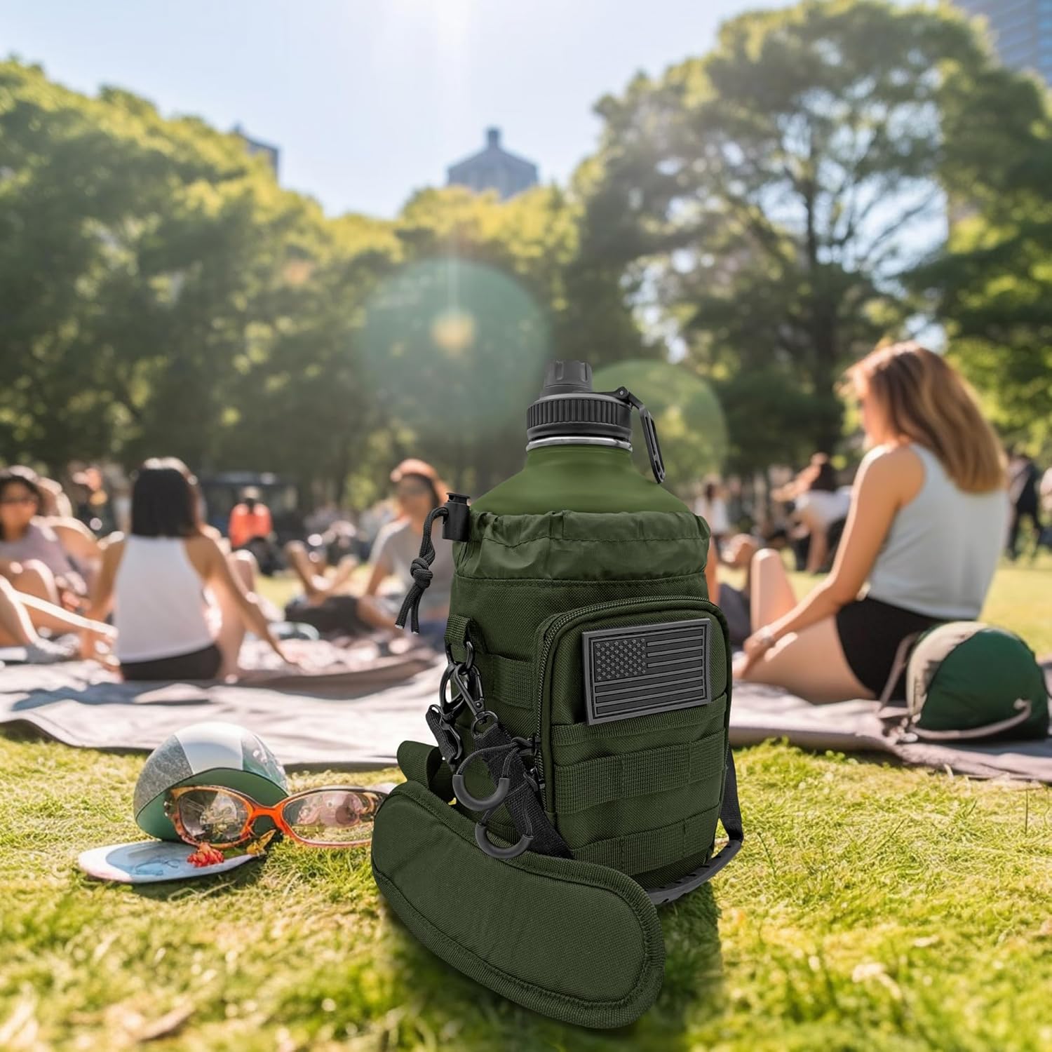 1 Gallon Water Jug - Insulated Stainless Steel Water Bottle with Carry Bag & Straw Lids - 128 Oz Large Capacity, Keep Cold & Hot, Green Tactical Design