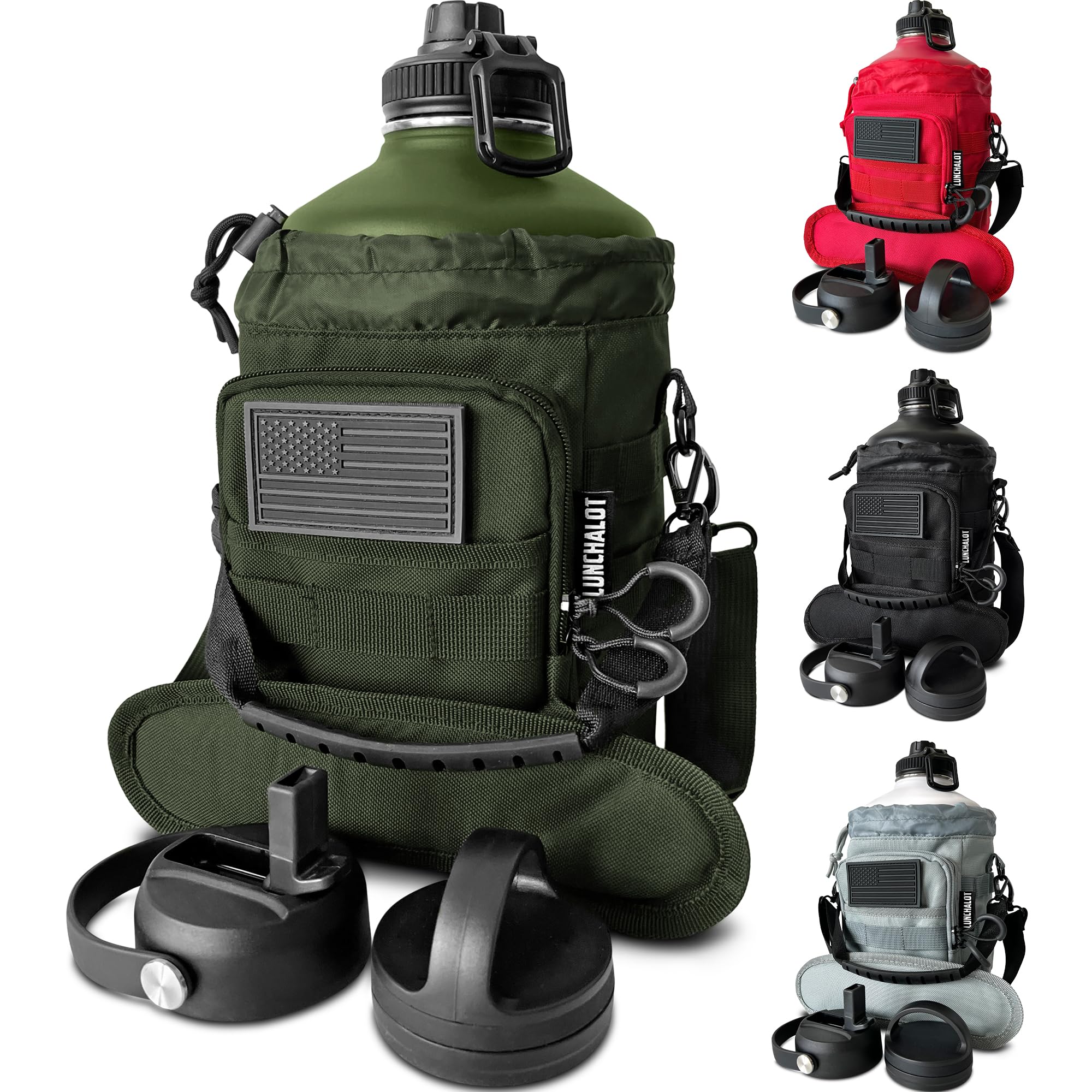 1 Gallon Water Jug - Insulated Stainless Steel Water Bottle with Carry Bag & Straw Lids - 128 Oz Large Capacity, Keep Cold & Hot, Green Tactical Design