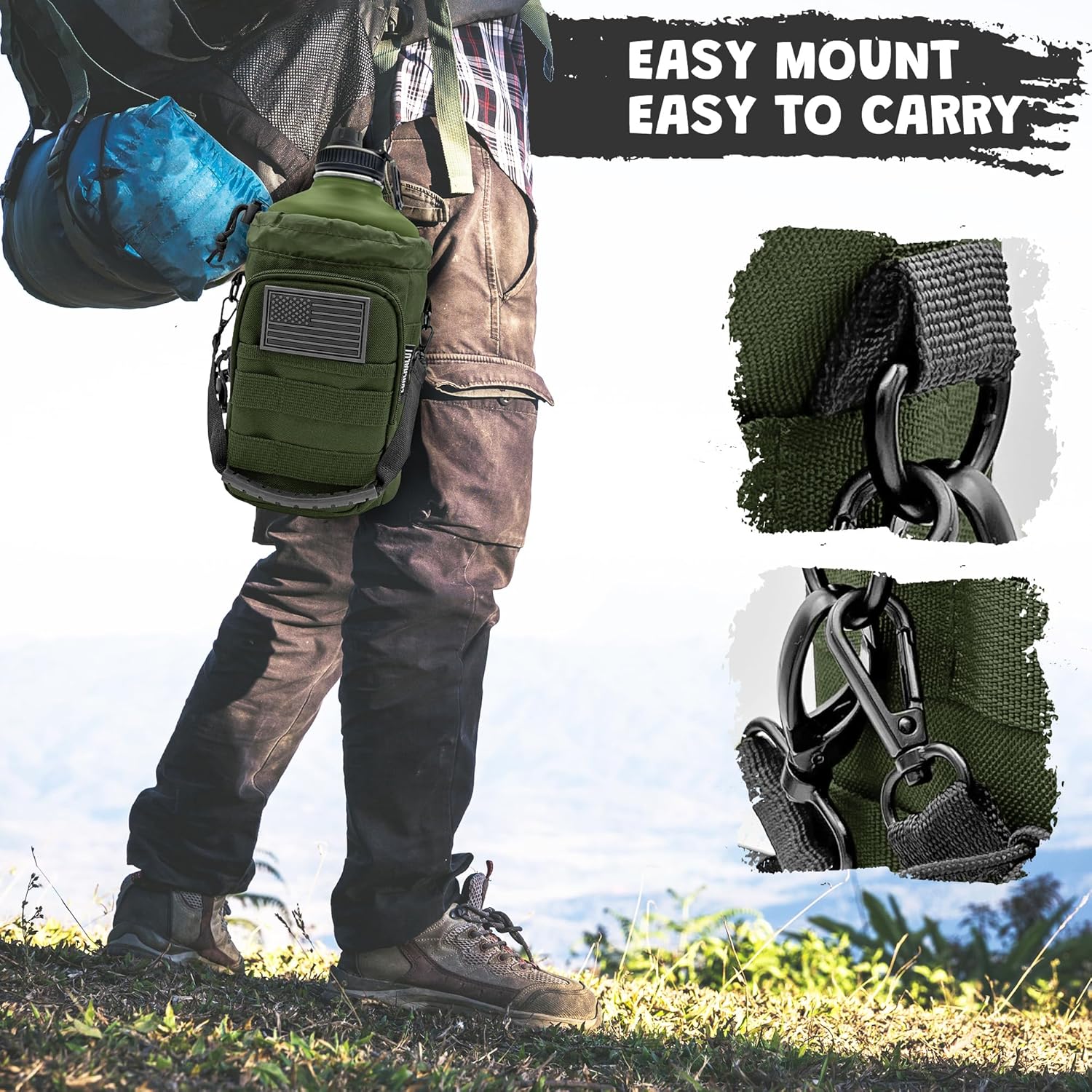 1 Gallon Water Jug - Insulated Stainless Steel Water Bottle with Carry Bag & Straw Lids - 128 Oz Large Capacity, Keep Cold & Hot, Green Tactical Design