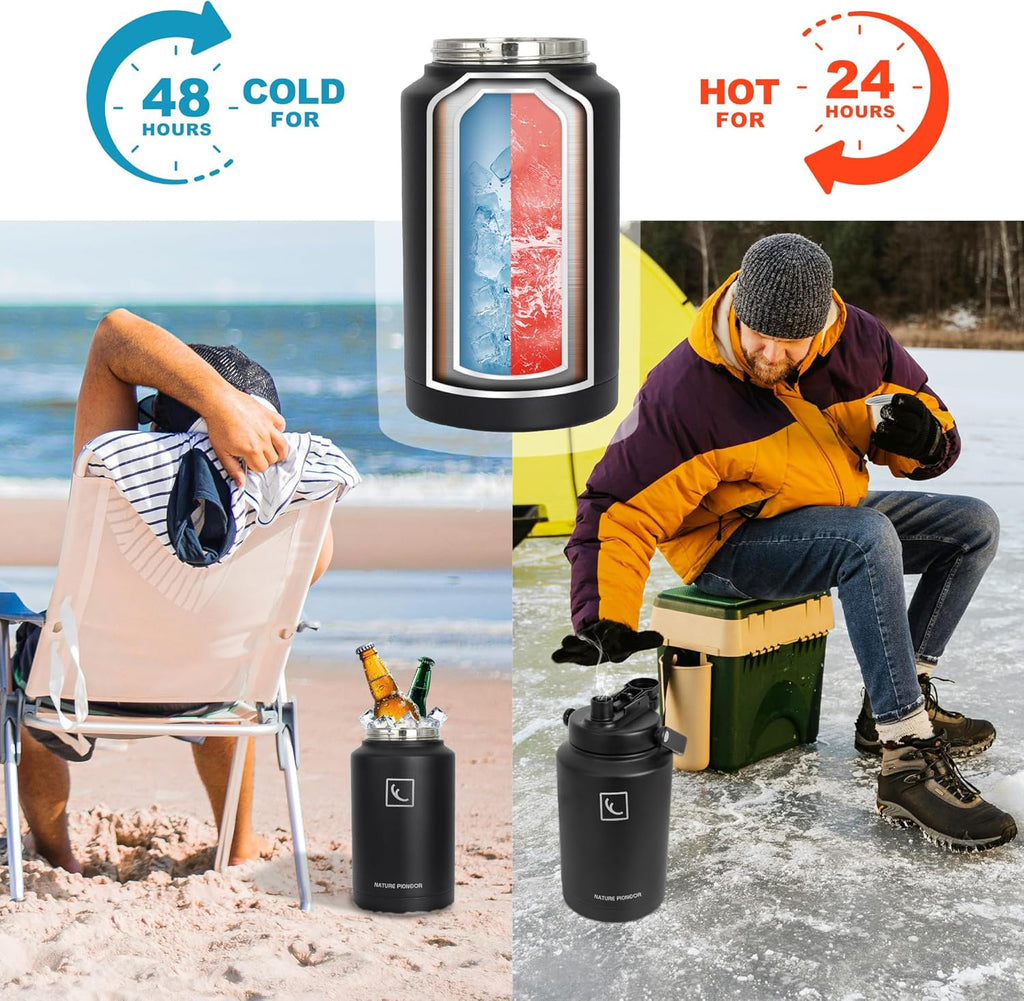 NATURE PIONEOR 1 Gallon Insulated Water Bottle - Double Vacuum Stainless Steel 128 oz Water Bottle with Holder/Carrier, Wide Mouth 1 gallon Water Jug for Outdoor Sports, Hiking, Camping, Gym