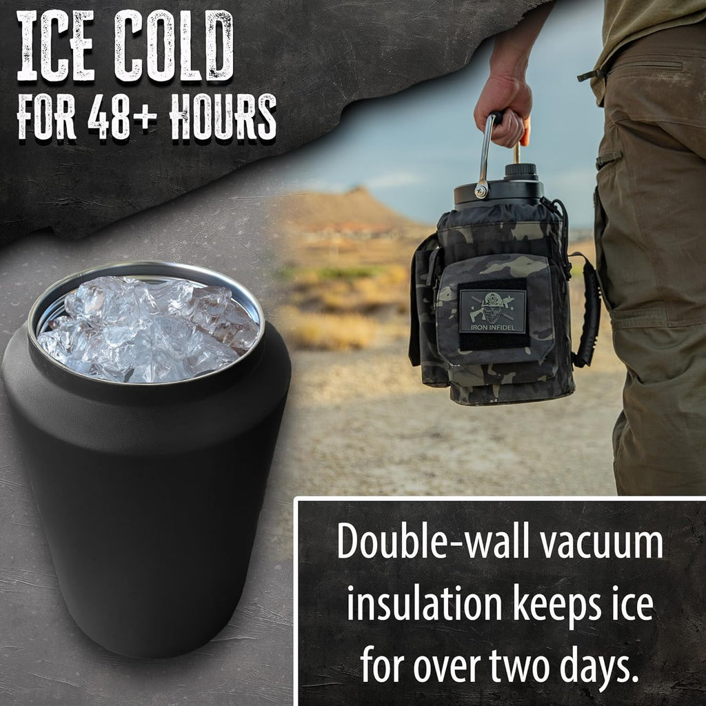 Iron Infidel Battle Bottle - One Gallon Insulated Water Bottle with Dual Carry Handles - 128 oz Tactical Stainless Steel Water Jug & Rugged Extra Large Sleeve with Storage (Black Camo 128 Ounces)
