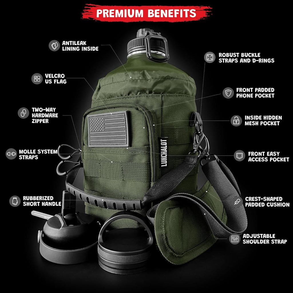 1 Gallon Water Jug - Insulated Stainless Steel Water Bottle with Carry Bag & Straw Lids - 128 Oz Large Capacity, Keep Cold & Hot, Green Tactical Design
