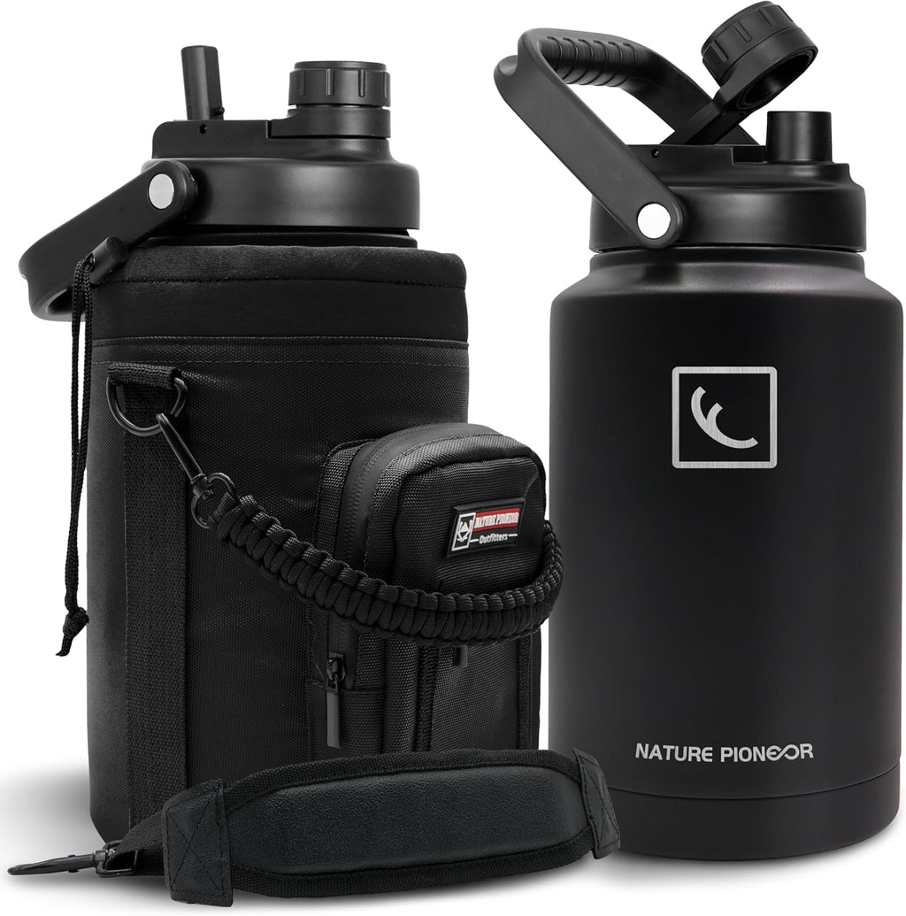 NATURE PIONEOR 1 Gallon Insulated Water Bottle - Double Vacuum Stainless Steel 128 oz Water Bottle with Holder/Carrier, Wide Mouth 1 gallon Water Jug for Outdoor Sports, Hiking, Camping, Gym