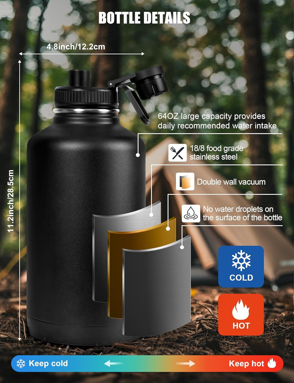 Tactical Half Gallon Water Bottle with Straw, 64 Oz Insulated Water Jug with Molle Water Bottle Holder, Stainless Steel Sport Bottle with 3 BPA Free Lids for Gym Workout Hiking (Black)