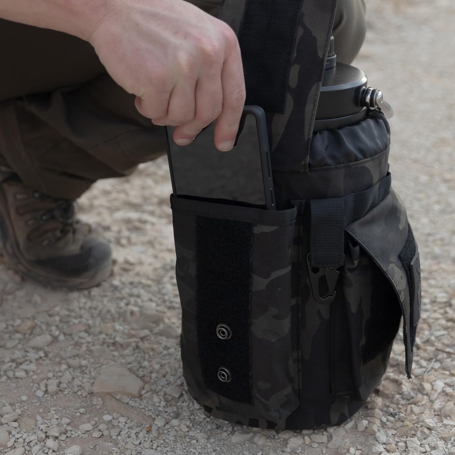 Iron Infidel Battle Bottle - One Gallon Insulated Water Bottle with Dual Carry Handles - 128 oz Tactical Stainless Steel Water Jug & Rugged Extra Large Sleeve with Storage (Black Camo 128 Ounces)