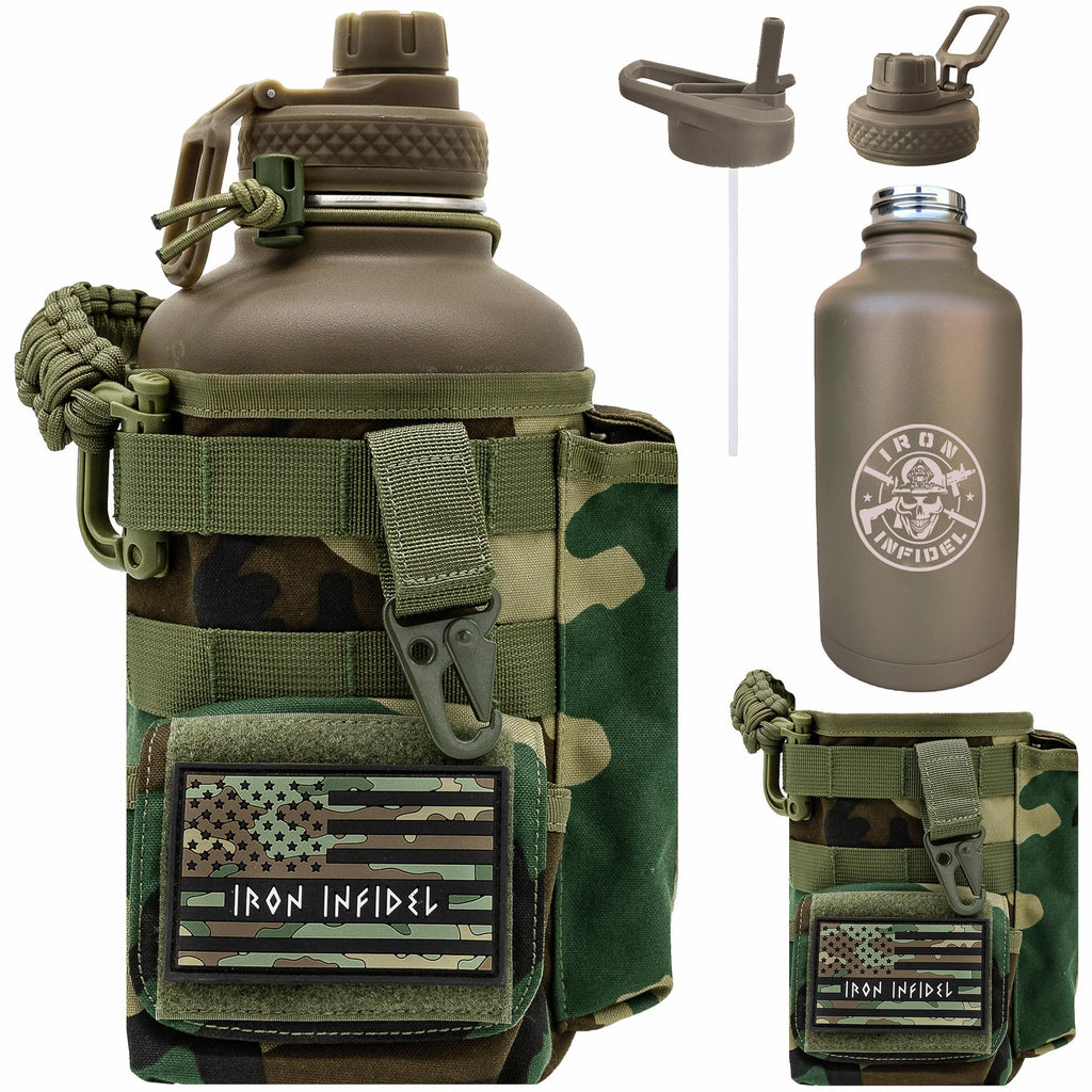 Iron Infidel Battle Bottle - One Gallon Insulated Water Bottle with Dual Carry Handles - 128 oz Tactical Stainless Steel Water Jug & Rugged Extra Large Sleeve with Storage (Black Camo 128 Ounces)
