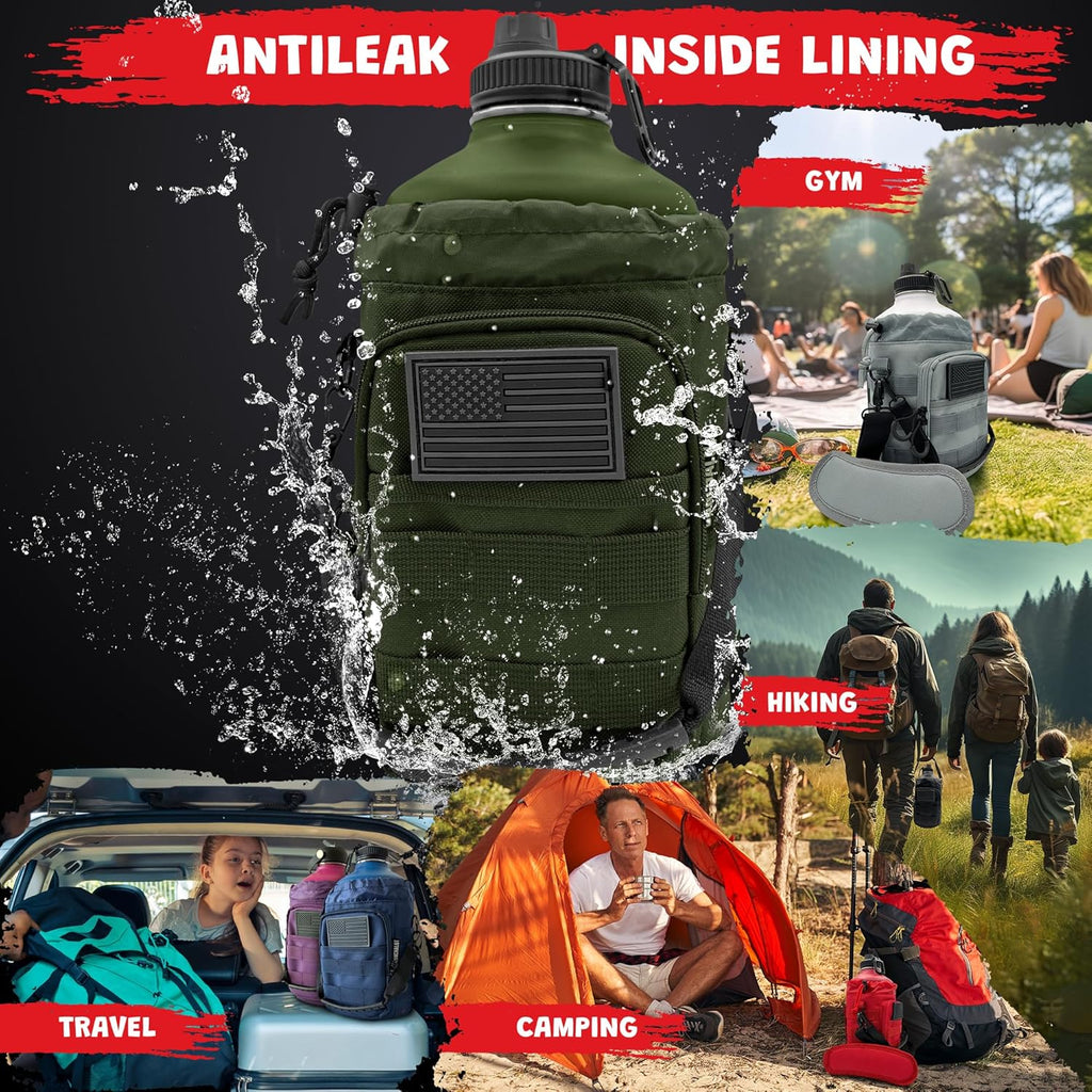 1 Gallon Water Jug - Insulated Stainless Steel Water Bottle with Carry Bag & Straw Lids - 128 Oz Large Capacity, Keep Cold & Hot, Green Tactical Design